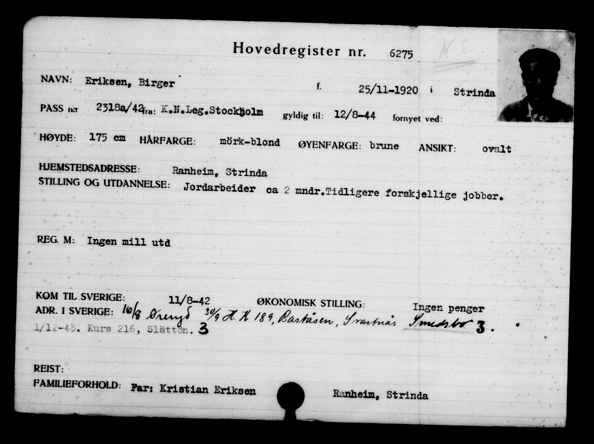 Utenriksstasjonene, Legasjonen i Stockholm, Flyktningkontoret, AV/RA-S-6753/V/Va/L0004: Kjesäterkartoteket, flyktninger med registreringsnr. 3496-6610, 1940-1945, s. 3272