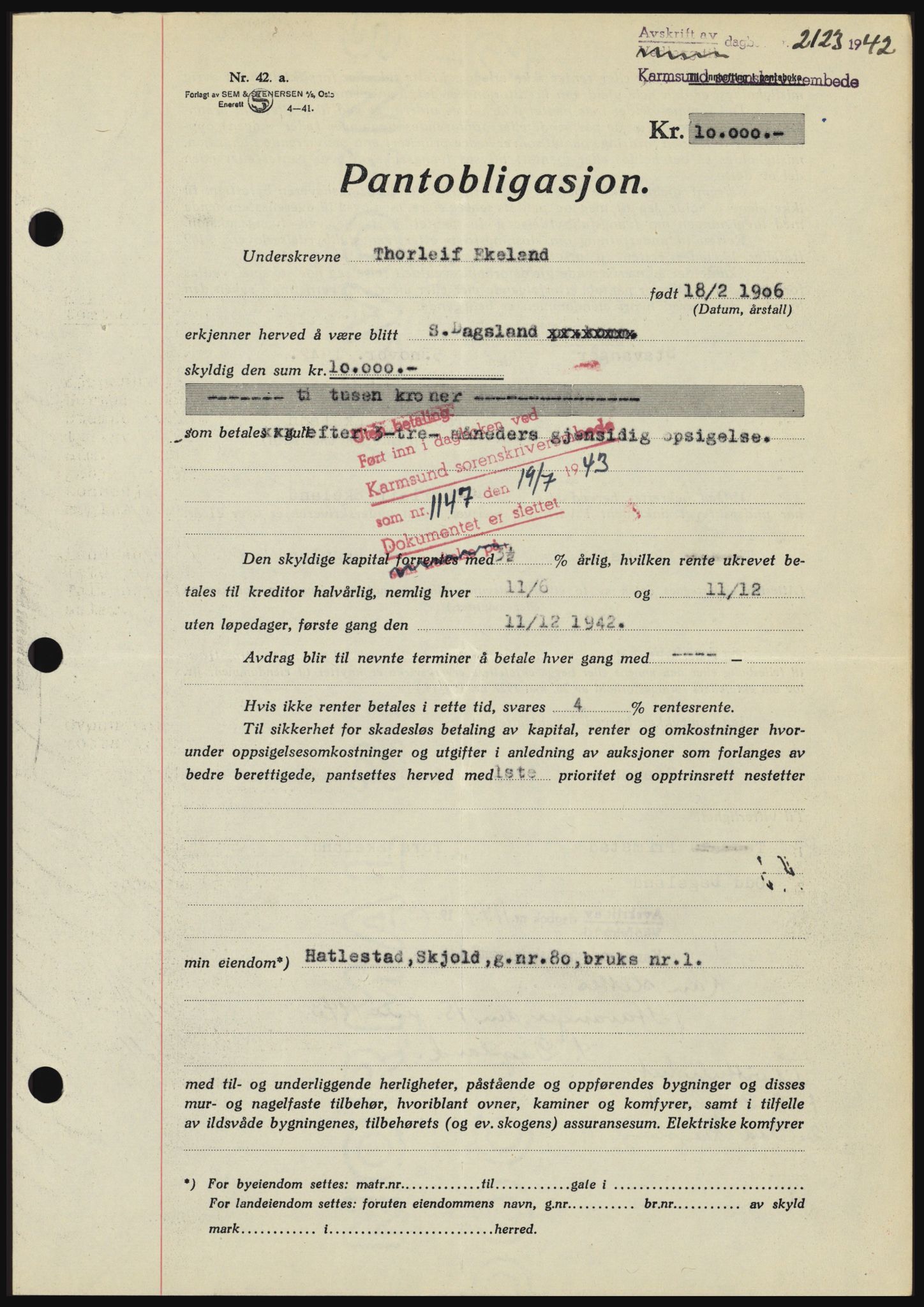 Karmsund sorenskriveri, SAST/A-100311/01/II/IIBBE/L0008: Pantebok nr. B 54, 1942-1943, Dagboknr: 2123/1942