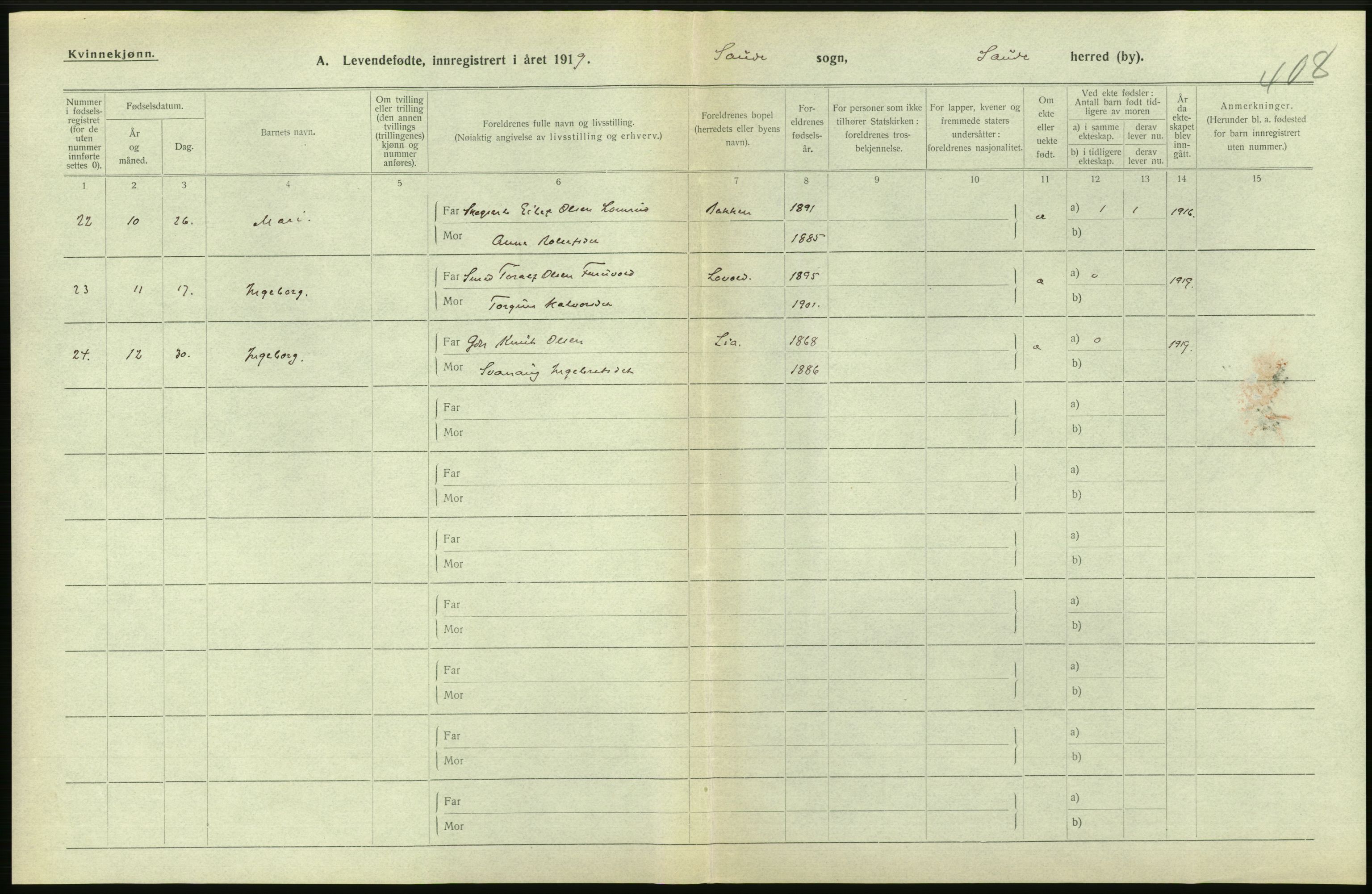 Statistisk sentralbyrå, Sosiodemografiske emner, Befolkning, AV/RA-S-2228/D/Df/Dfb/Dfbi/L0021: Telemark fylke: Levendefødte menn og kvinner. Bygder., 1919, s. 112