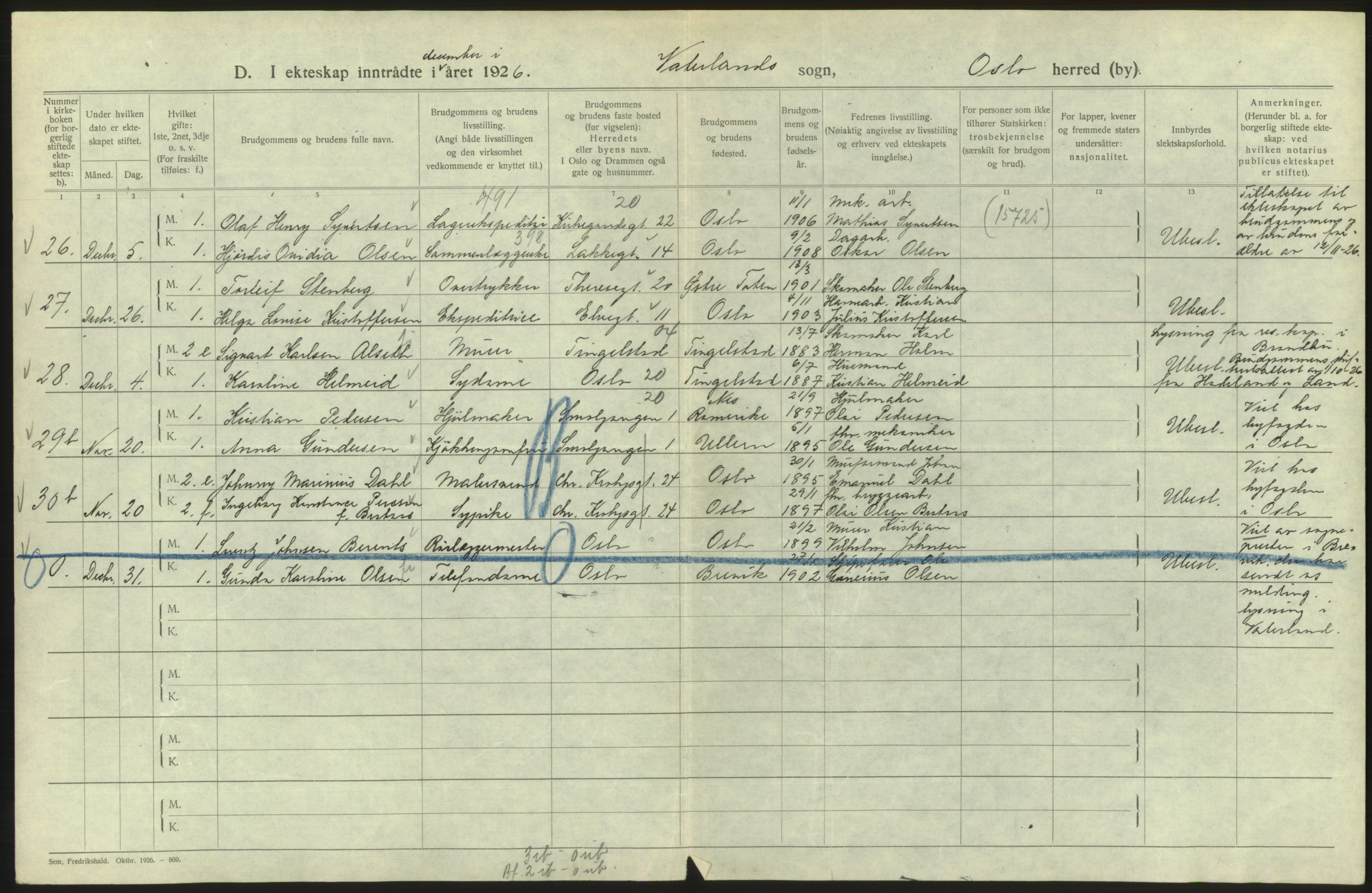 Statistisk sentralbyrå, Sosiodemografiske emner, Befolkning, AV/RA-S-2228/D/Df/Dfc/Dfcf/L0008: Oslo: Gifte, 1926, s. 670