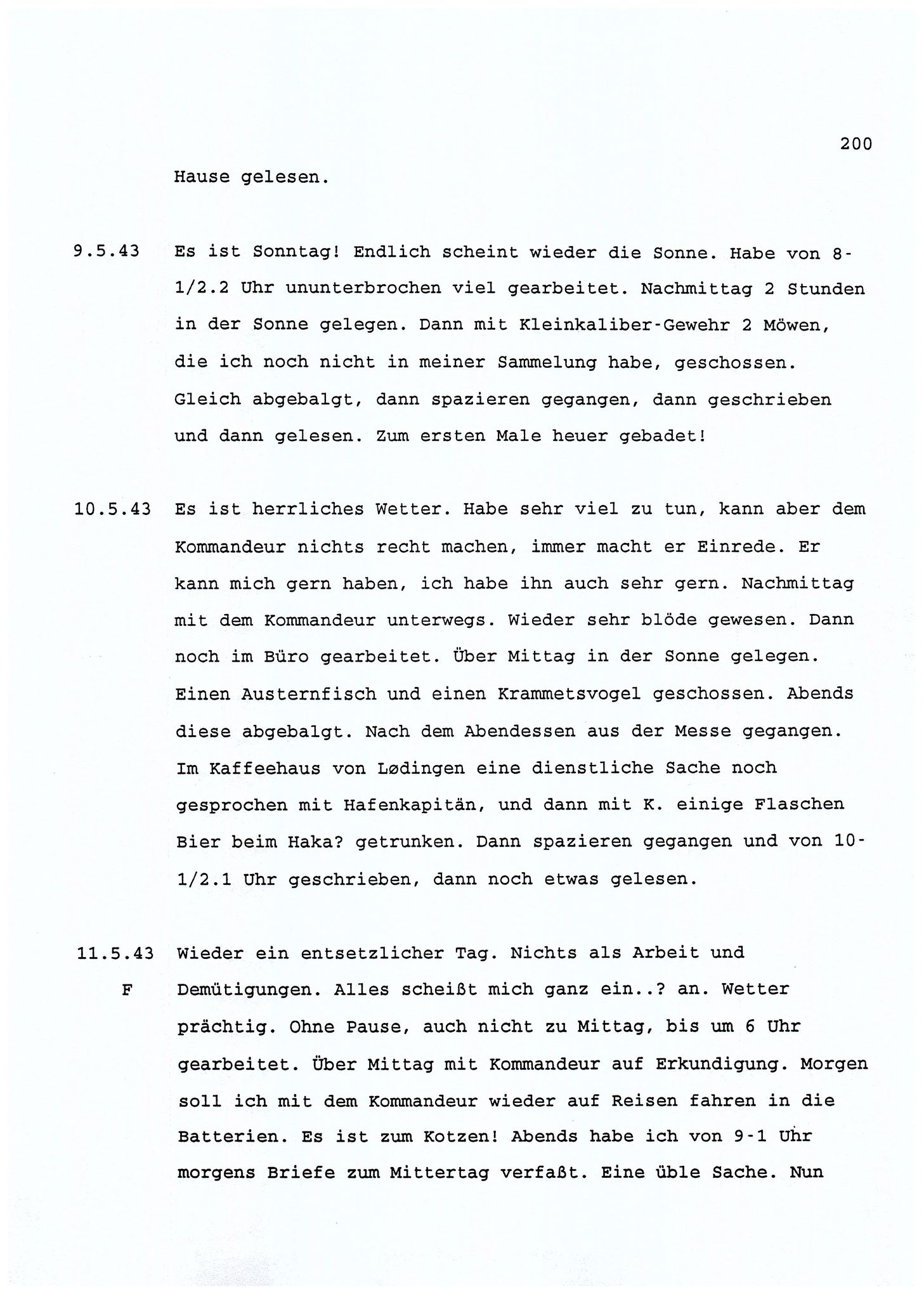 Dagbokopptegnelser av en tysk marineoffiser stasjonert i Norge , FMFB/A-1160/F/L0001: Dagbokopptegnelser av en tysk marineoffiser stasjonert i Norge, 1941-1944, s. 200