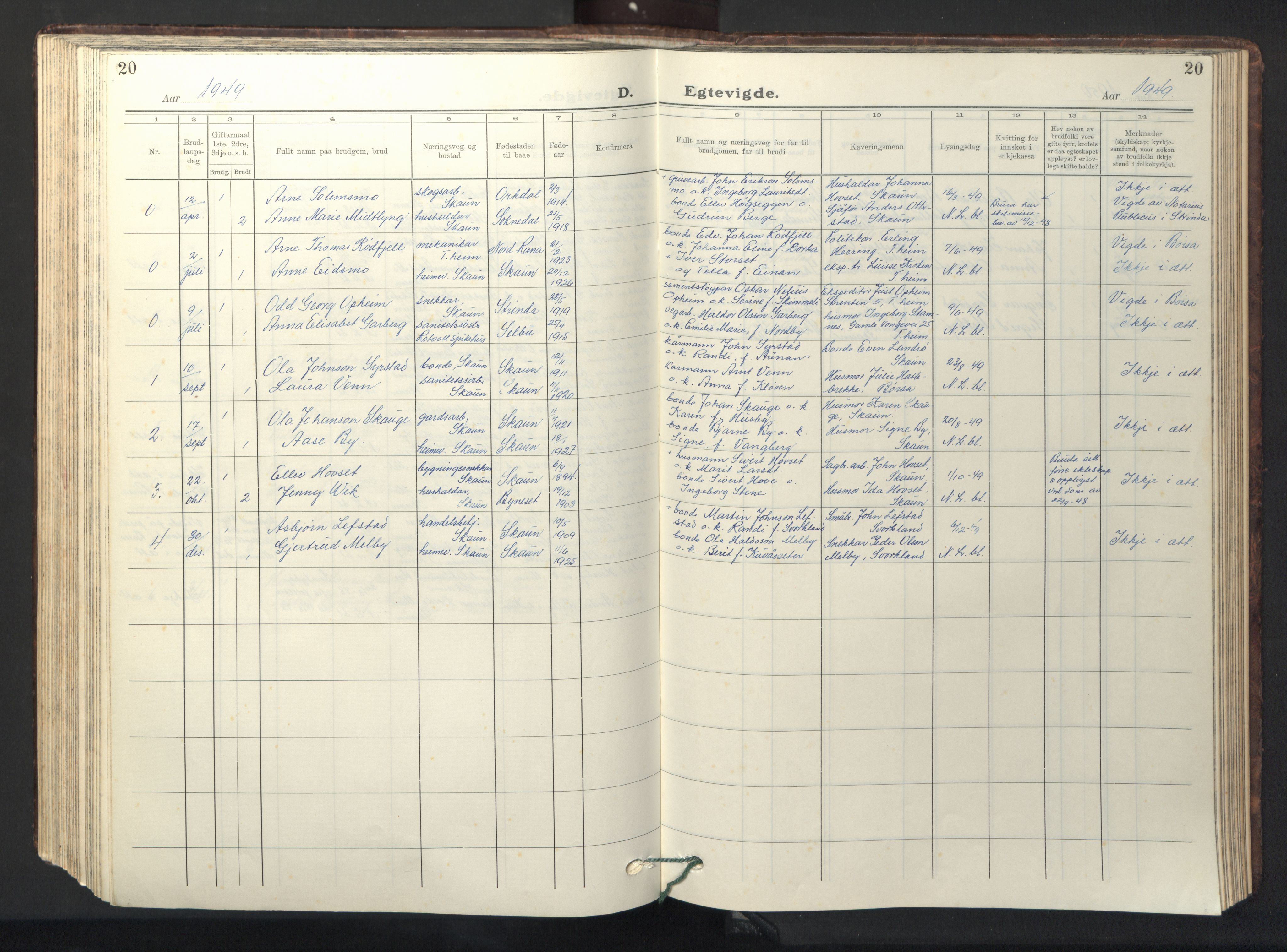 Ministerialprotokoller, klokkerbøker og fødselsregistre - Sør-Trøndelag, SAT/A-1456/667/L0799: Klokkerbok nr. 667C04, 1929-1950, s. 20