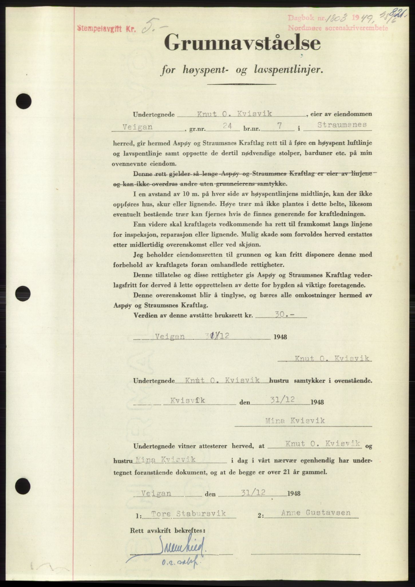 Nordmøre sorenskriveri, SAT/A-4132/1/2/2Ca: Pantebok nr. B101, 1949-1949, Dagboknr: 1803/1949