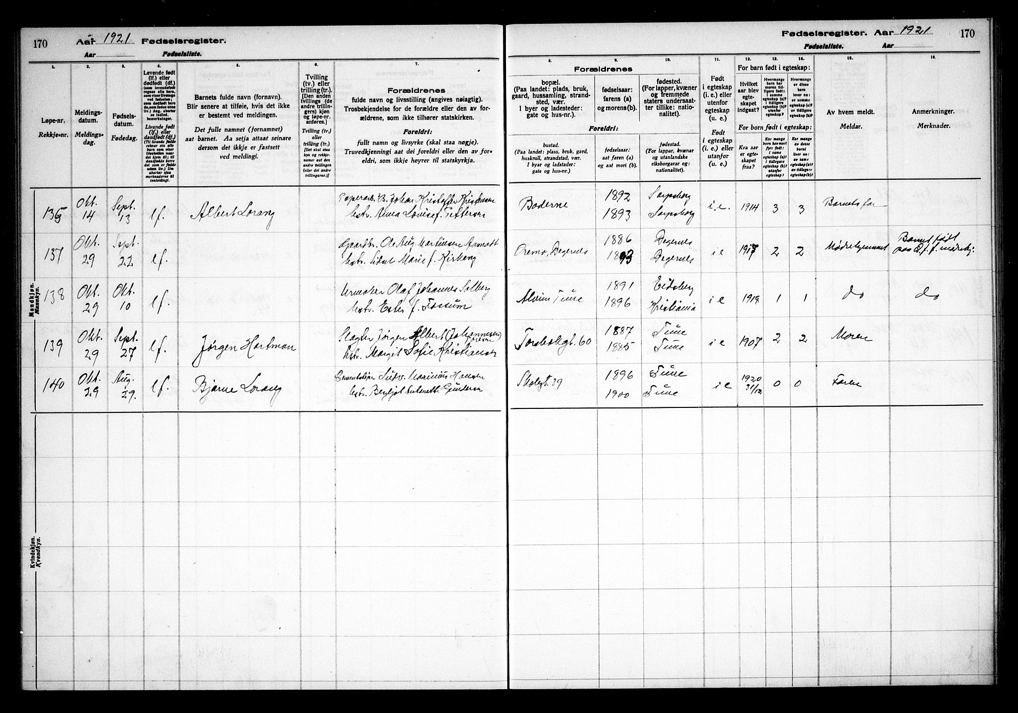 Sarpsborg prestekontor Kirkebøker, AV/SAO-A-2006/J/Ja/L0001: Fødselsregister nr. 1, 1916-1922, s. 170