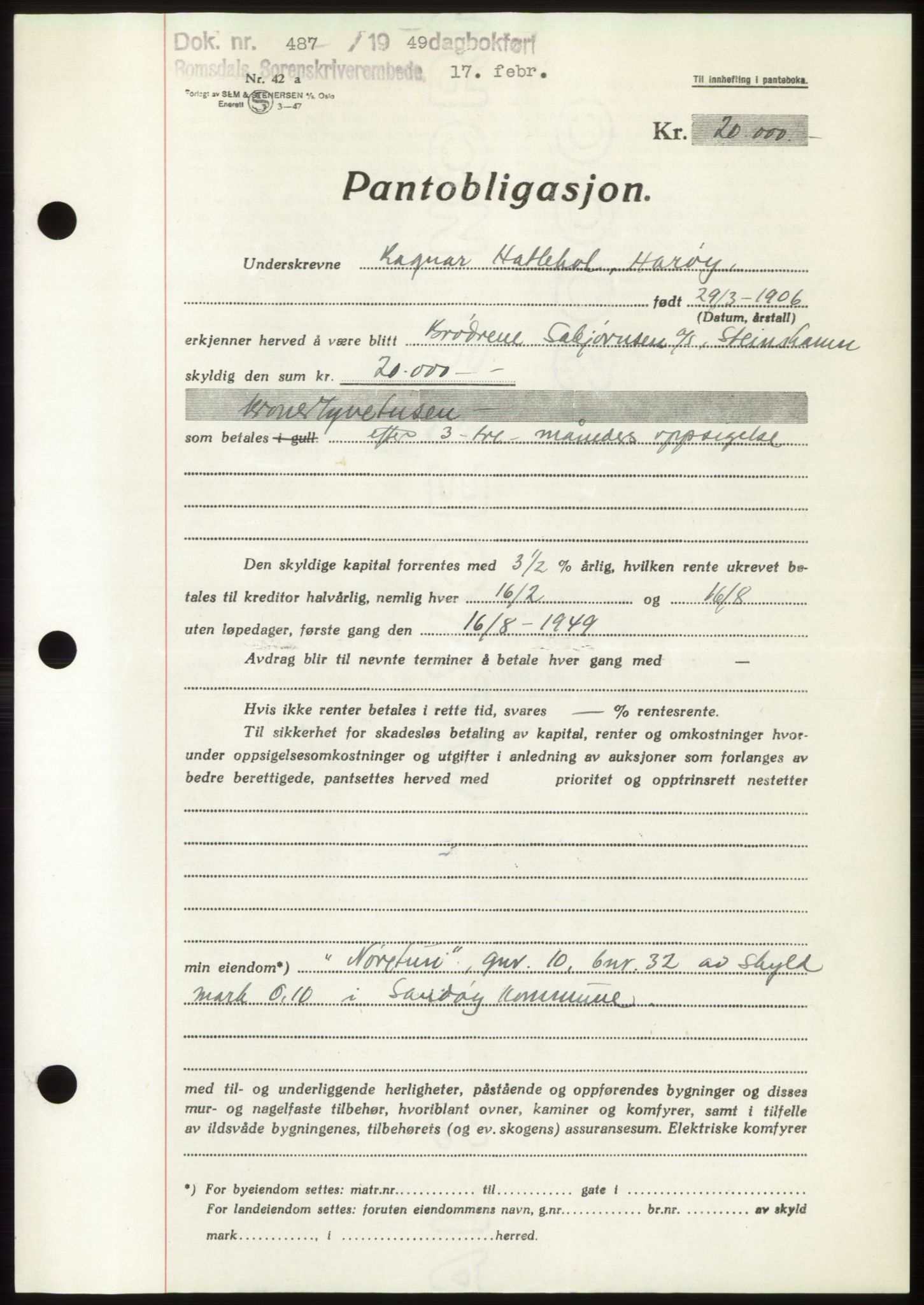 Romsdal sorenskriveri, SAT/A-4149/1/2/2C: Pantebok nr. B4, 1948-1949, Dagboknr: 487/1949