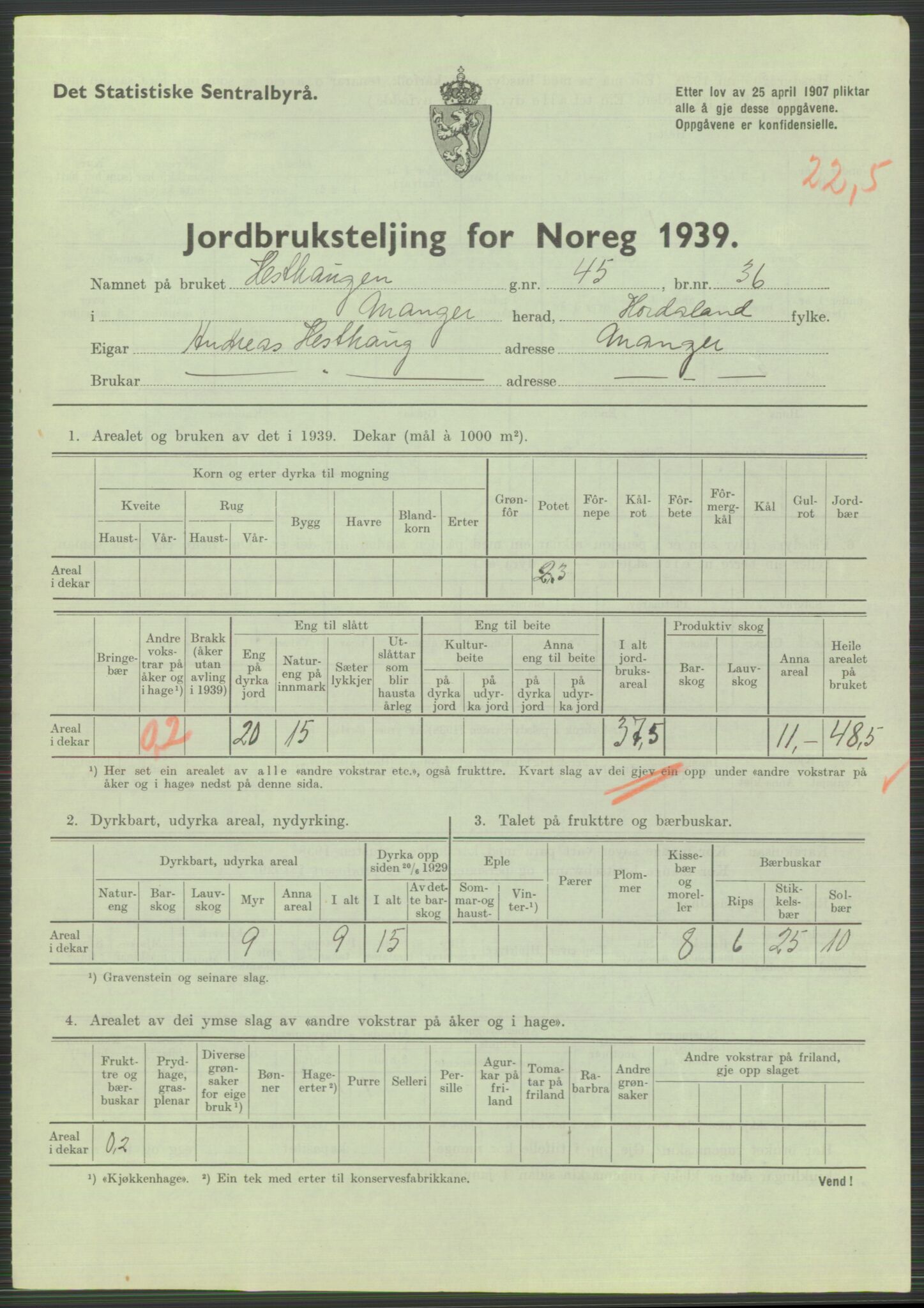 Statistisk sentralbyrå, Næringsøkonomiske emner, Jordbruk, skogbruk, jakt, fiske og fangst, AV/RA-S-2234/G/Gb/L0211: Hordaland: Herdla, Hjelme og Manger, 1939, s. 1737