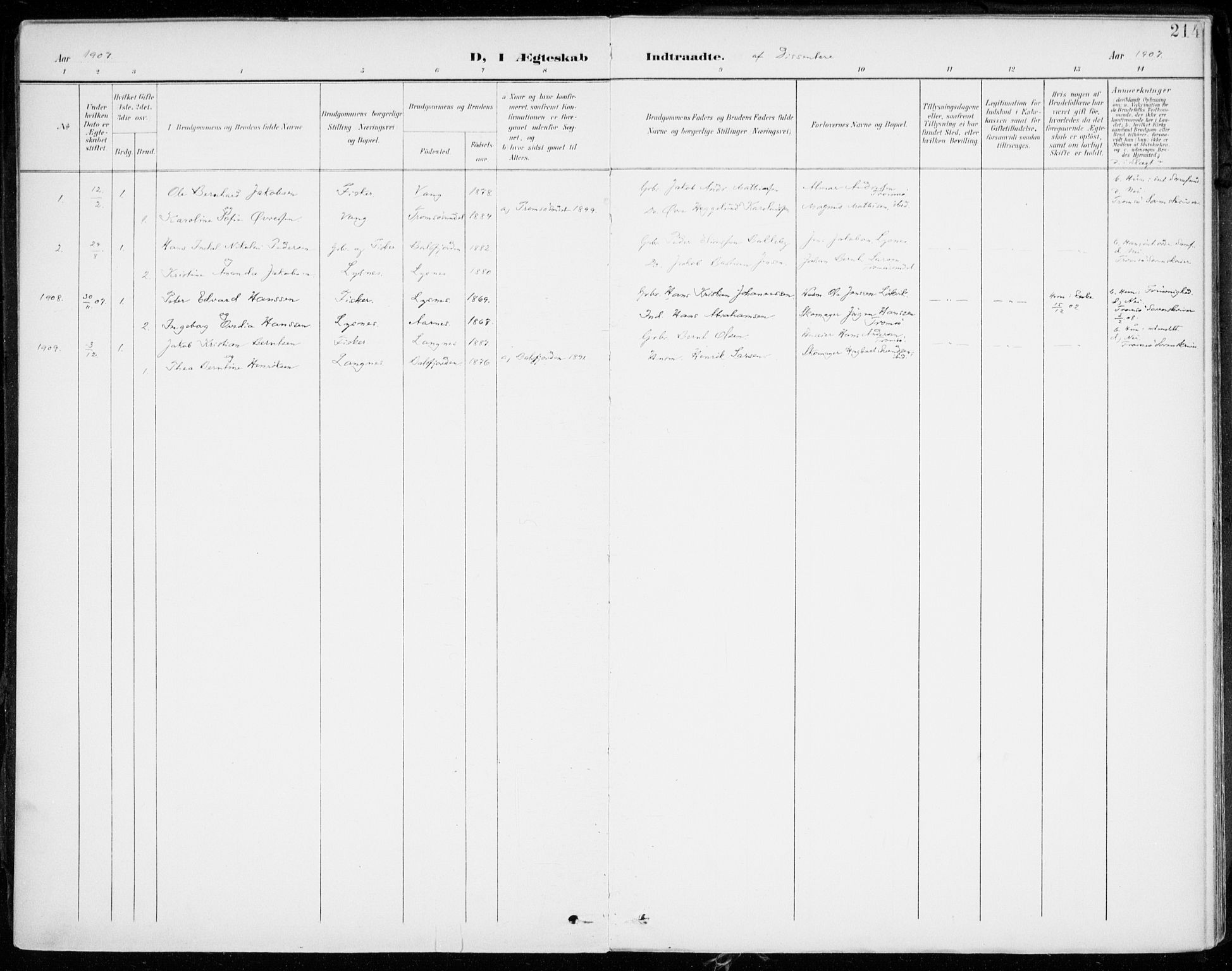 Lenvik sokneprestembete, SATØ/S-1310/H/Ha/Haa/L0014kirke: Ministerialbok nr. 14, 1899-1909, s. 214