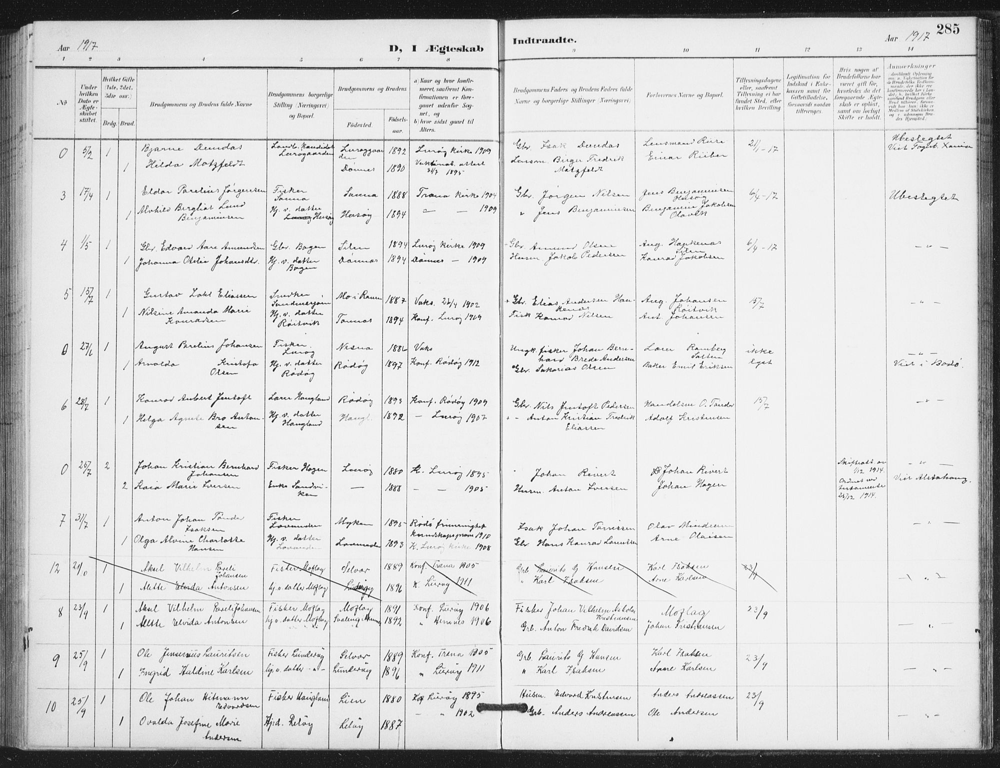 Ministerialprotokoller, klokkerbøker og fødselsregistre - Nordland, AV/SAT-A-1459/839/L0573: Klokkerbok nr. 839C03, 1892-1917, s. 285