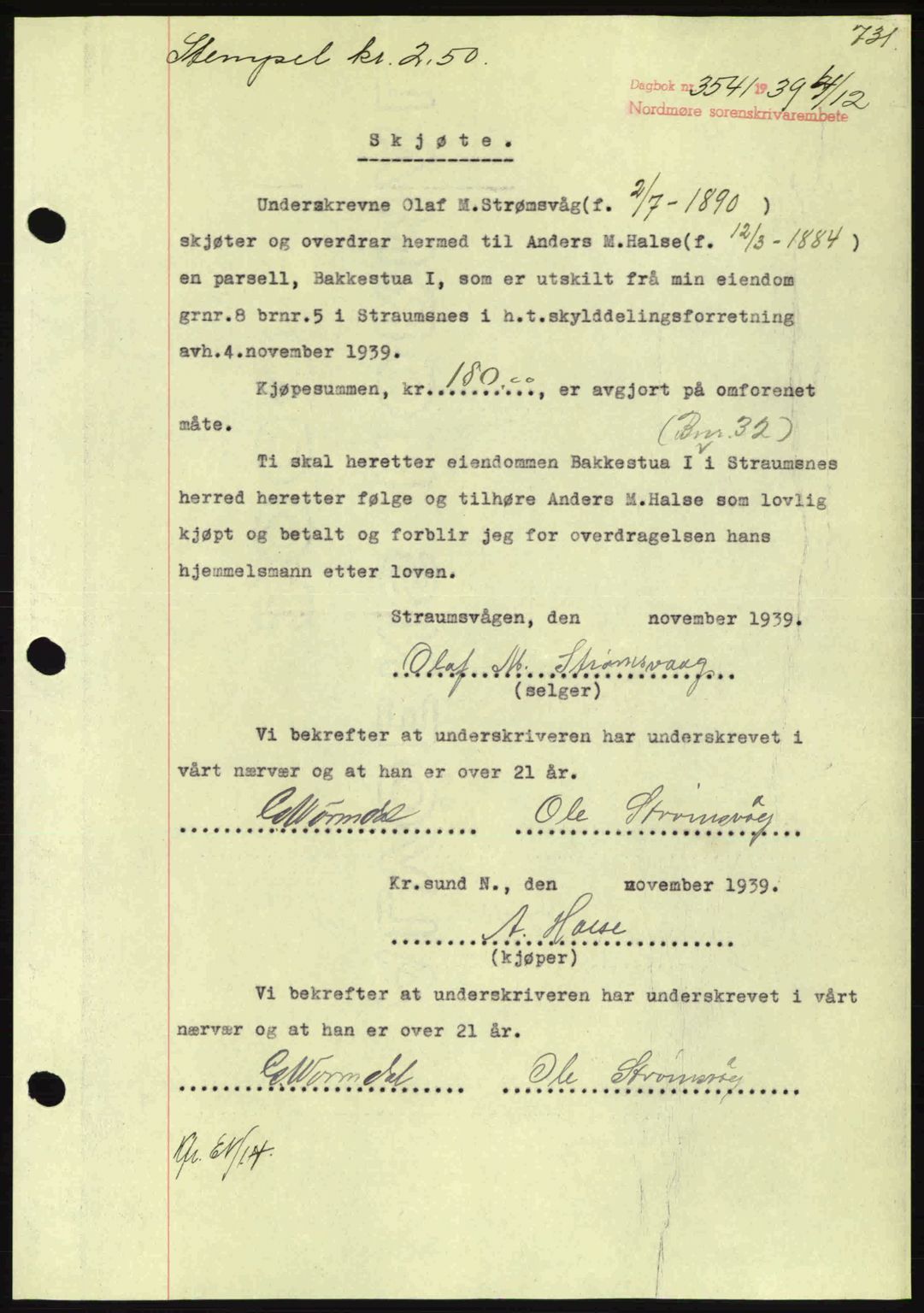 Nordmøre sorenskriveri, SAT/A-4132/1/2/2Ca: Pantebok nr. A87, 1939-1940, Dagboknr: 3541/1939