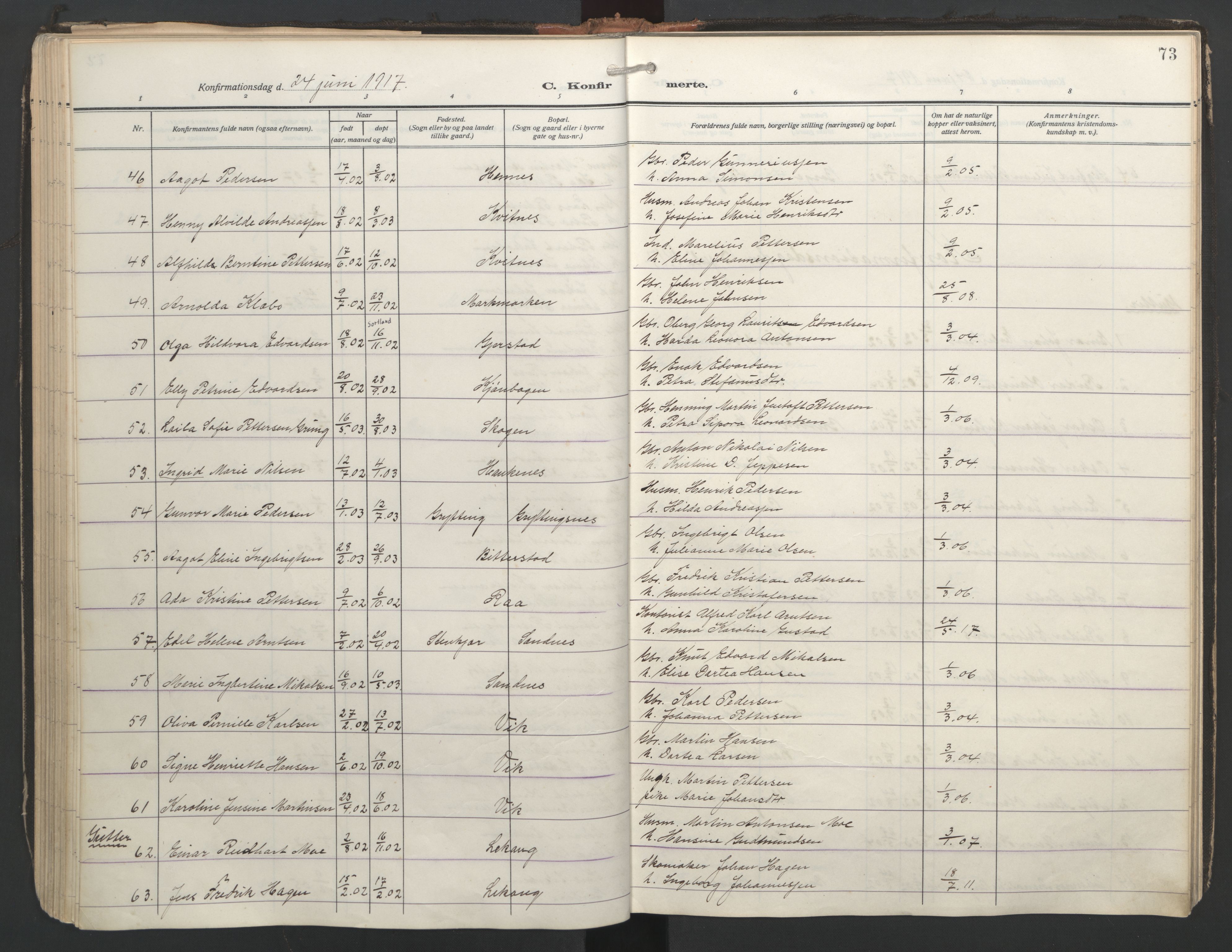 Ministerialprotokoller, klokkerbøker og fødselsregistre - Nordland, AV/SAT-A-1459/888/L1249: Ministerialbok nr. 888A15, 1911-1929, s. 73