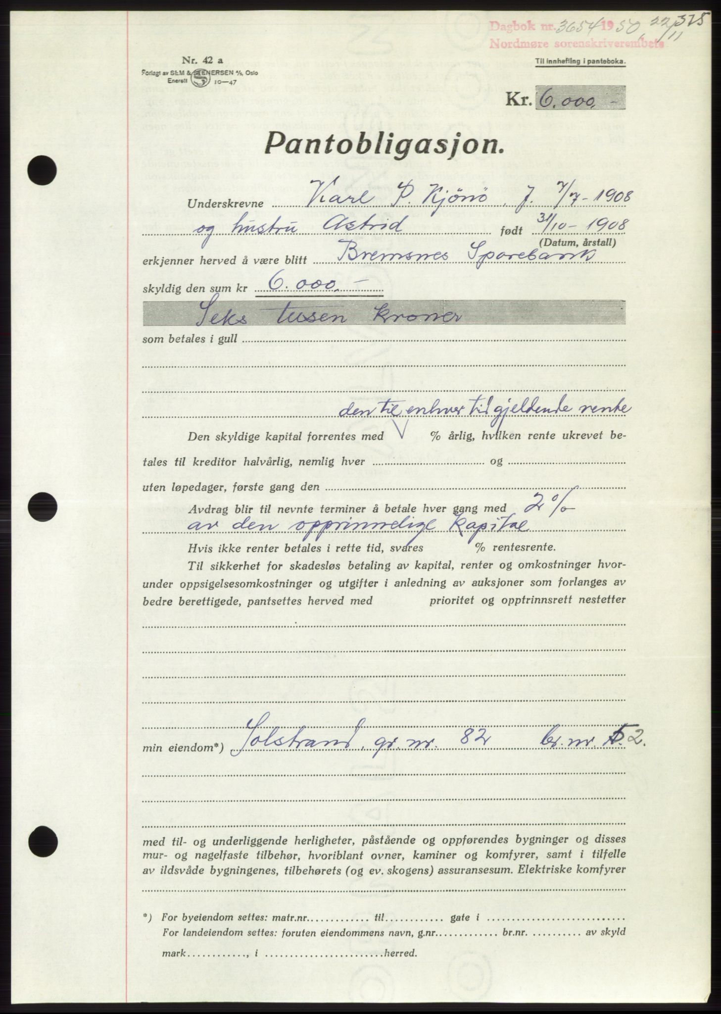 Nordmøre sorenskriveri, SAT/A-4132/1/2/2Ca: Pantebok nr. B106, 1950-1950, Dagboknr: 3654/1950