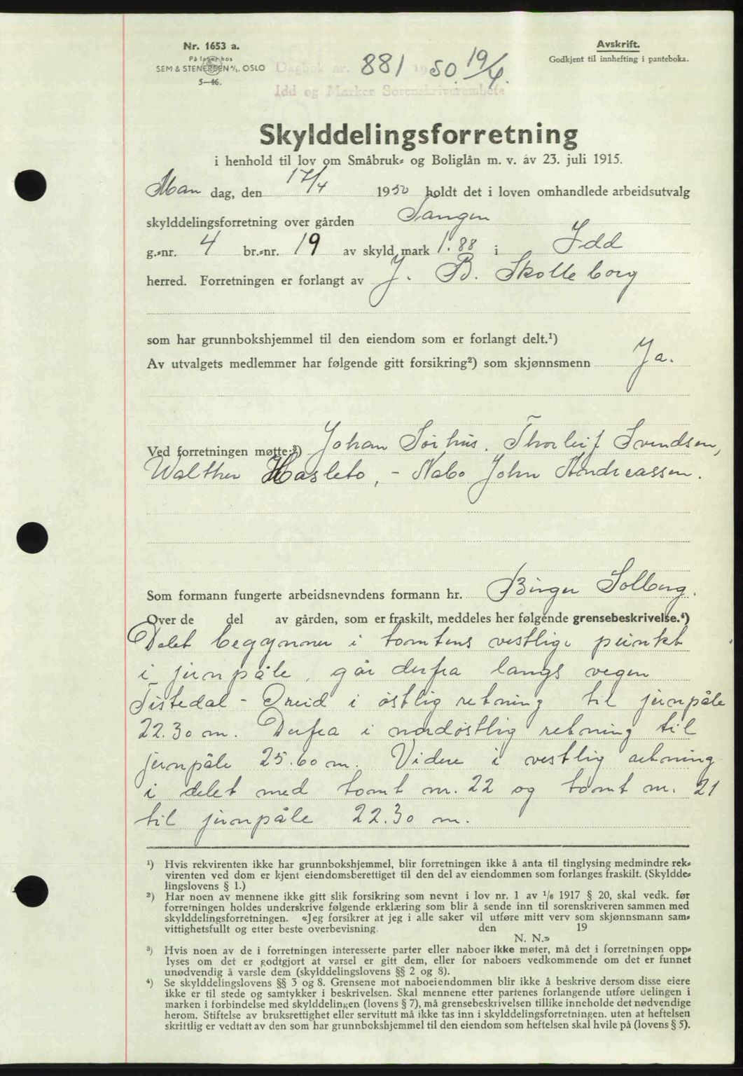 Idd og Marker sorenskriveri, AV/SAO-A-10283/G/Gb/Gbb/L0014: Pantebok nr. A14, 1950-1950, Dagboknr: 881/1950