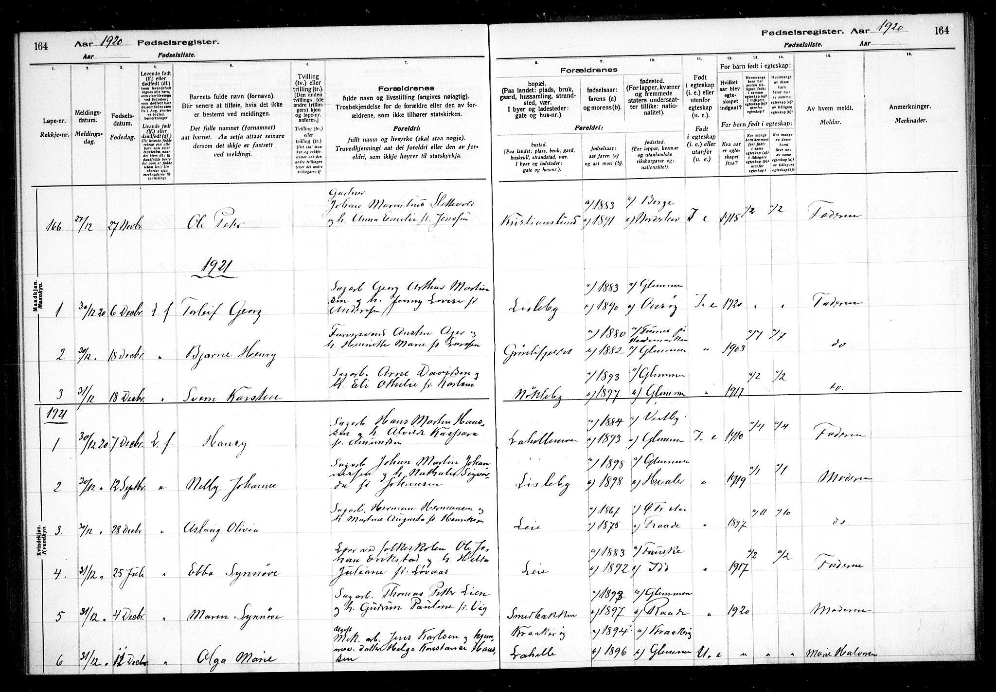 Glemmen prestekontor Kirkebøker, AV/SAO-A-10908/J/Ja/L0001: Fødselsregister nr. I 1, 1916-1922, s. 164