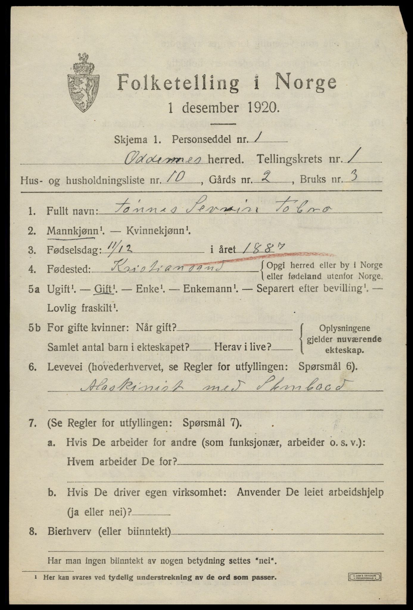 SAK, Folketelling 1920 for 1012 Oddernes herred, 1920, s. 2131