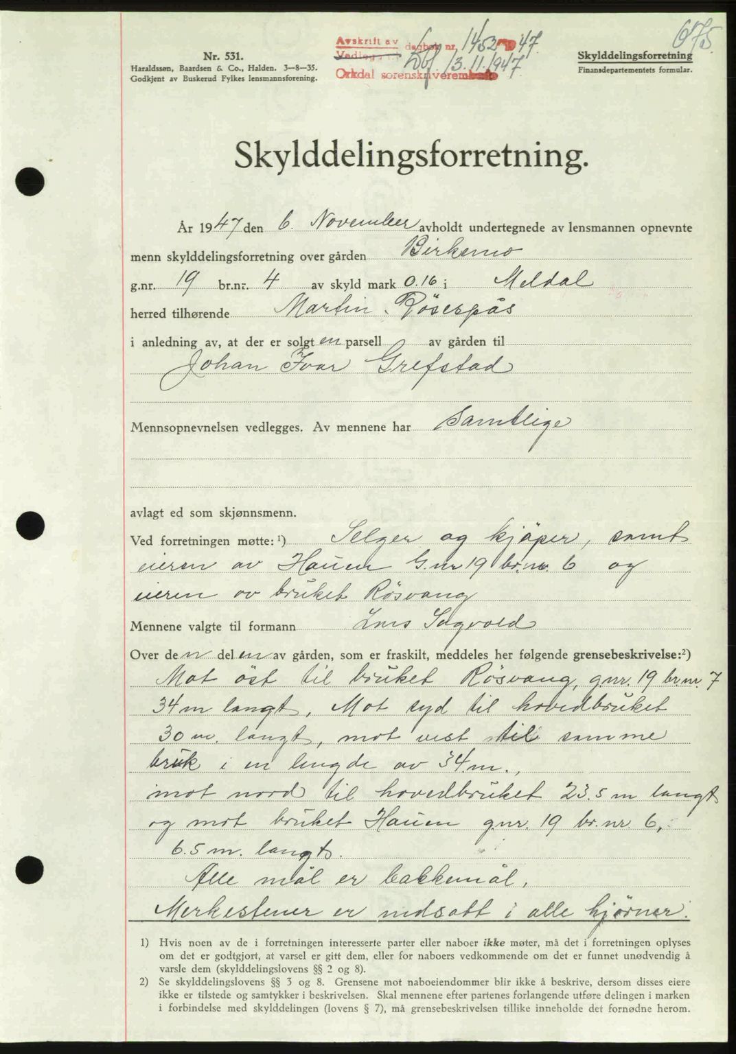 Orkdal sorenskriveri, SAT/A-4169/1/2/2C: Pantebok nr. A, 1947-1947, Dagboknr: 1452/1947