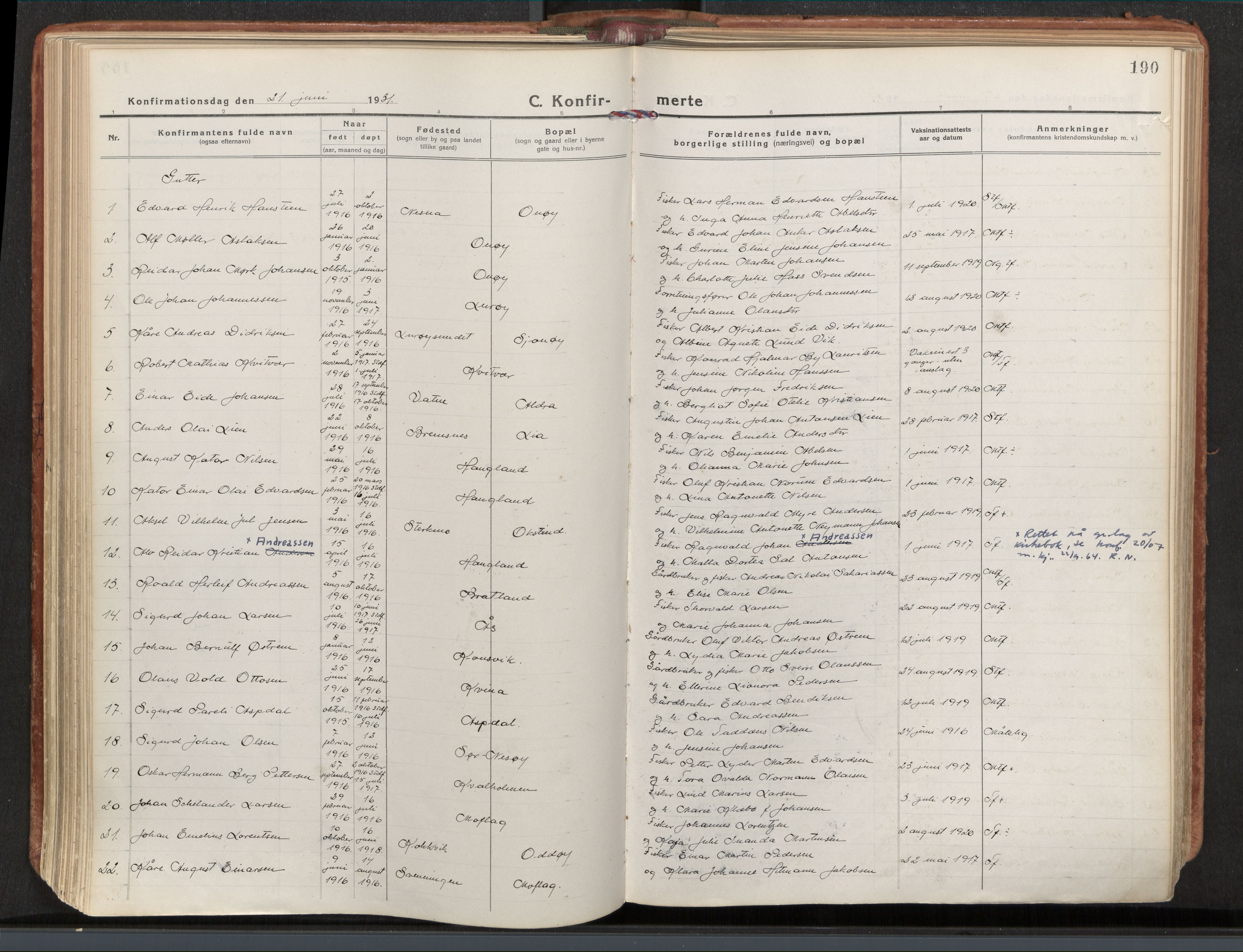 Ministerialprotokoller, klokkerbøker og fødselsregistre - Nordland, AV/SAT-A-1459/839/L0570: Ministerialbok nr. 839A07, 1923-1942, s. 190