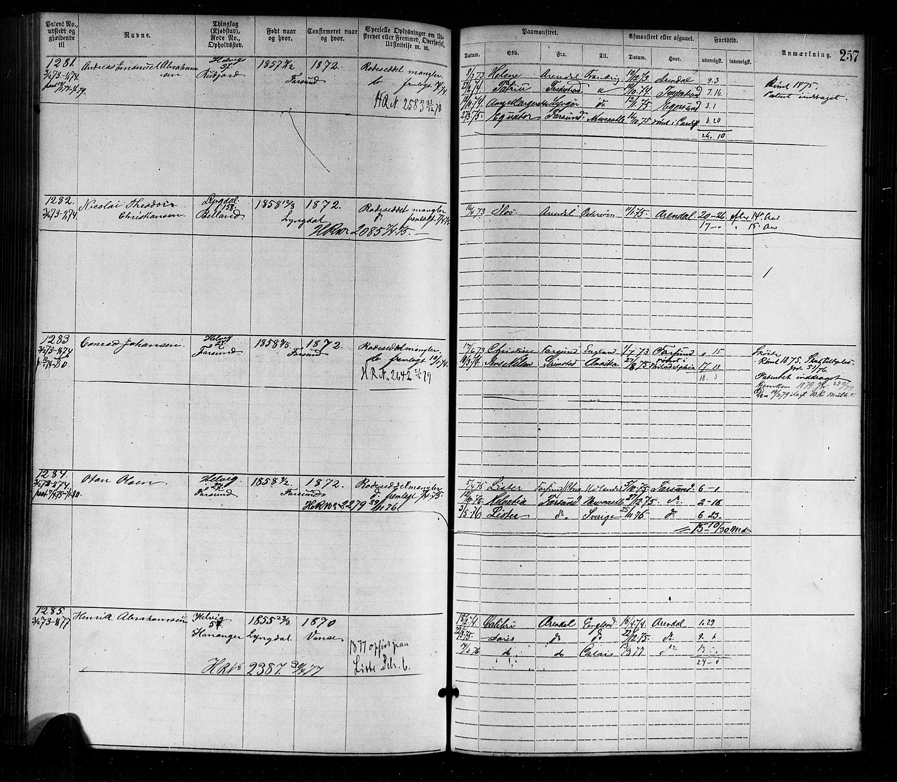 Farsund mønstringskrets, SAK/2031-0017/F/Fa/L0001: Annotasjonsrulle nr 1-1920 med register, M-1, 1869-1877, s. 287