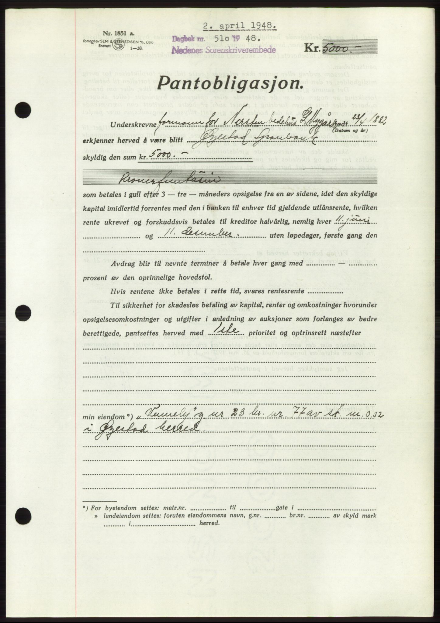 Nedenes sorenskriveri, AV/SAK-1221-0006/G/Gb/Gbb/L0005: Pantebok nr. B5, 1948-1948, Dagboknr: 510/1948