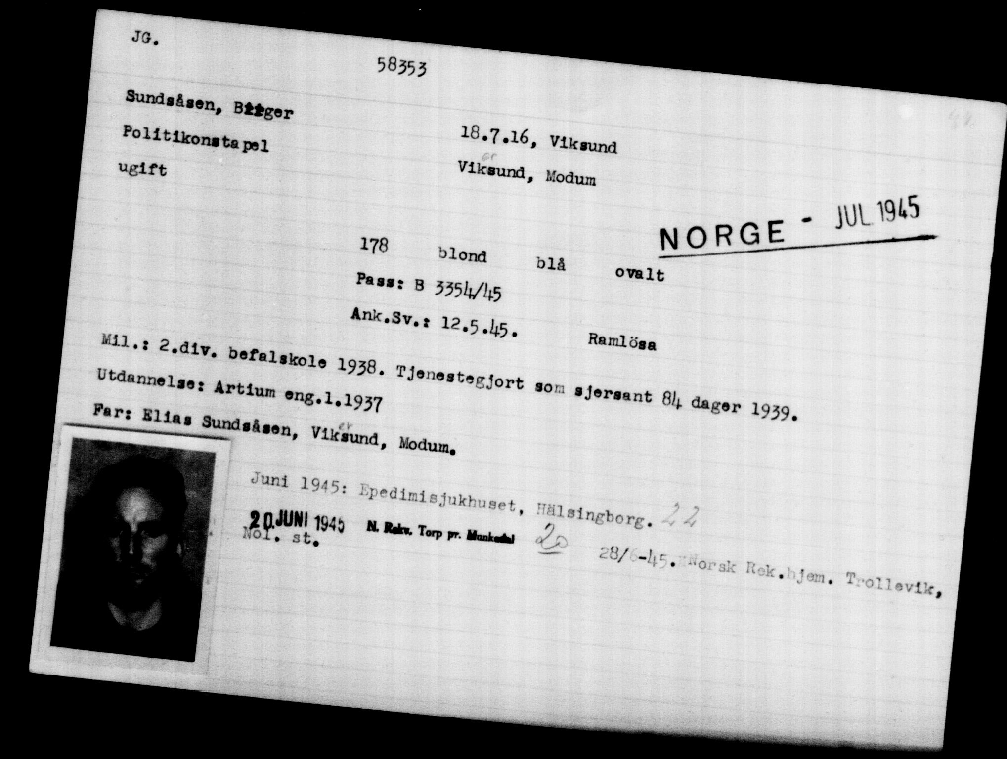 Utenriksstasjonene, Legasjonen i Stockholm, Flyktningkontoret, AV/RA-S-6753/V/Va/L0021: Kjesäterkartoteket, flyktninger med registreringsnr. 58200-61089, 1940-1945, s. 155