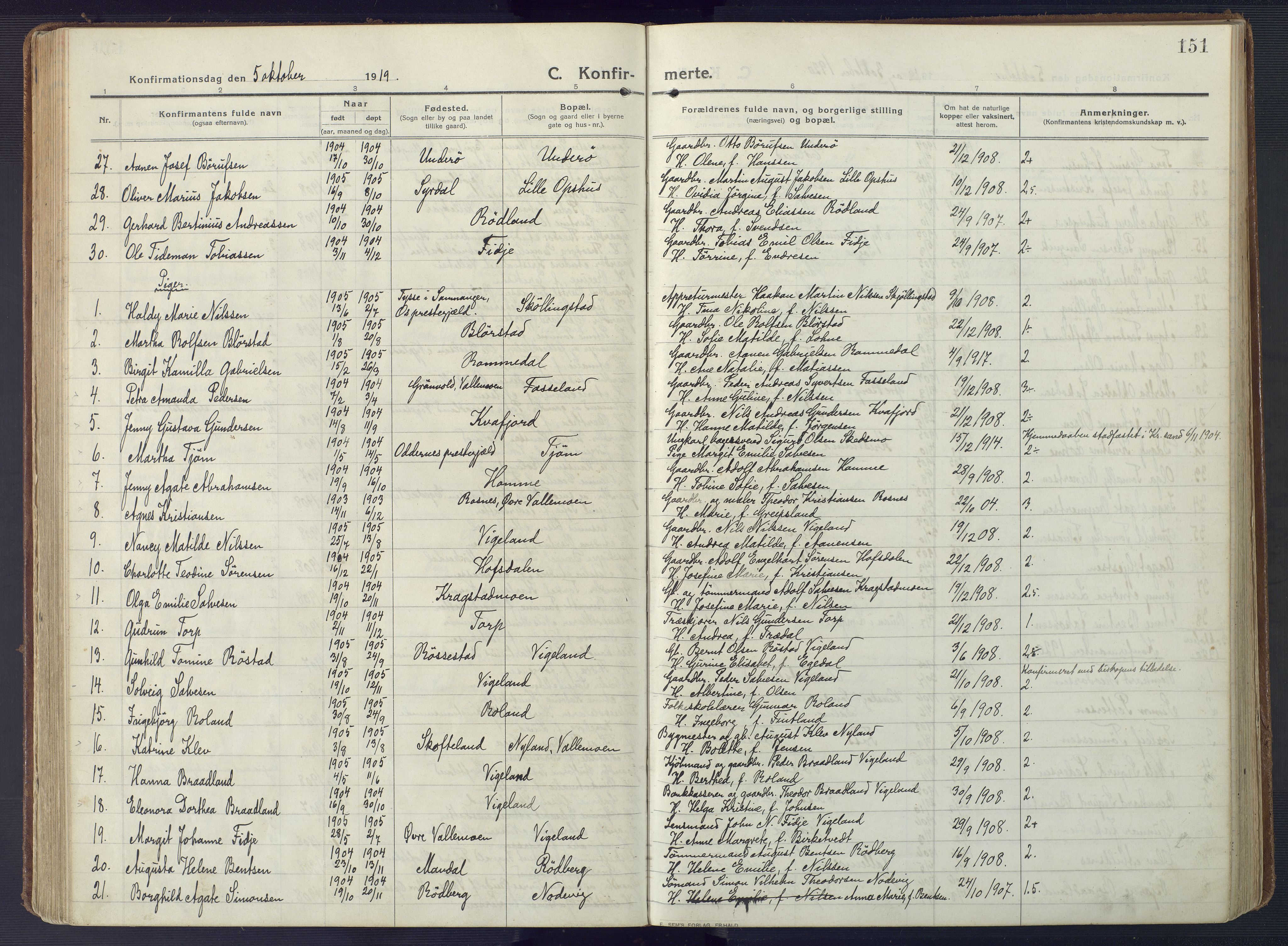 Sør-Audnedal sokneprestkontor, SAK/1111-0039/F/Fa/Fab/L0011: Ministerialbok nr. A 11, 1912-1938, s. 151