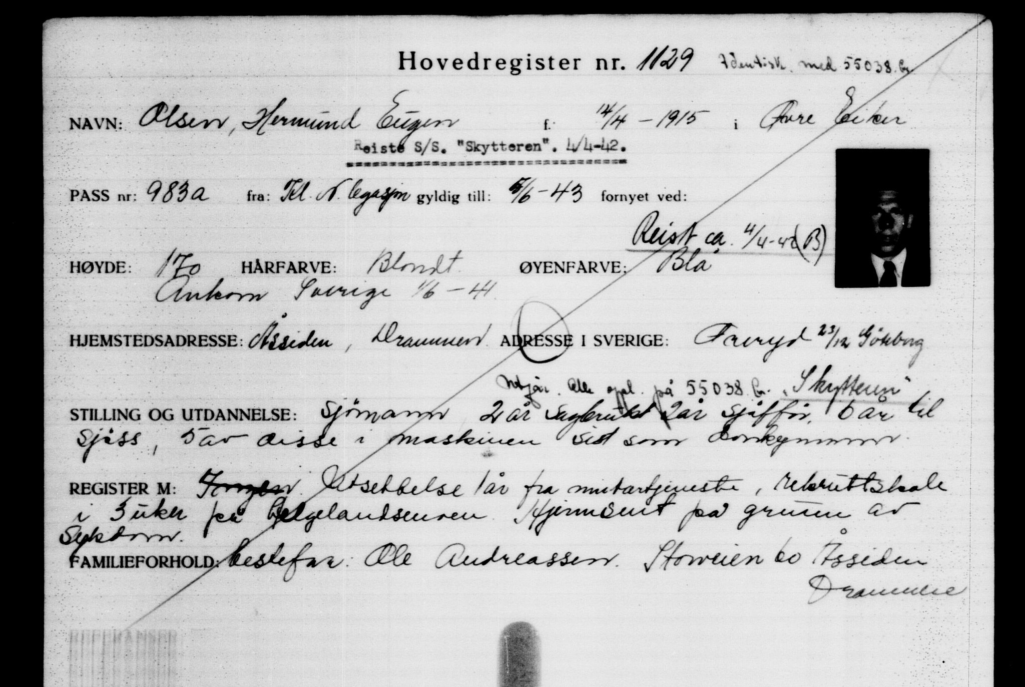 Utenriksstasjonene, Legasjonen i Stockholm, Flyktningkontoret, AV/RA-S-6753/V/Va/L0002: Kjesäterkartoteket, flyktninger med registreringsnr. 1001-2000, 1940-1945, s. 210