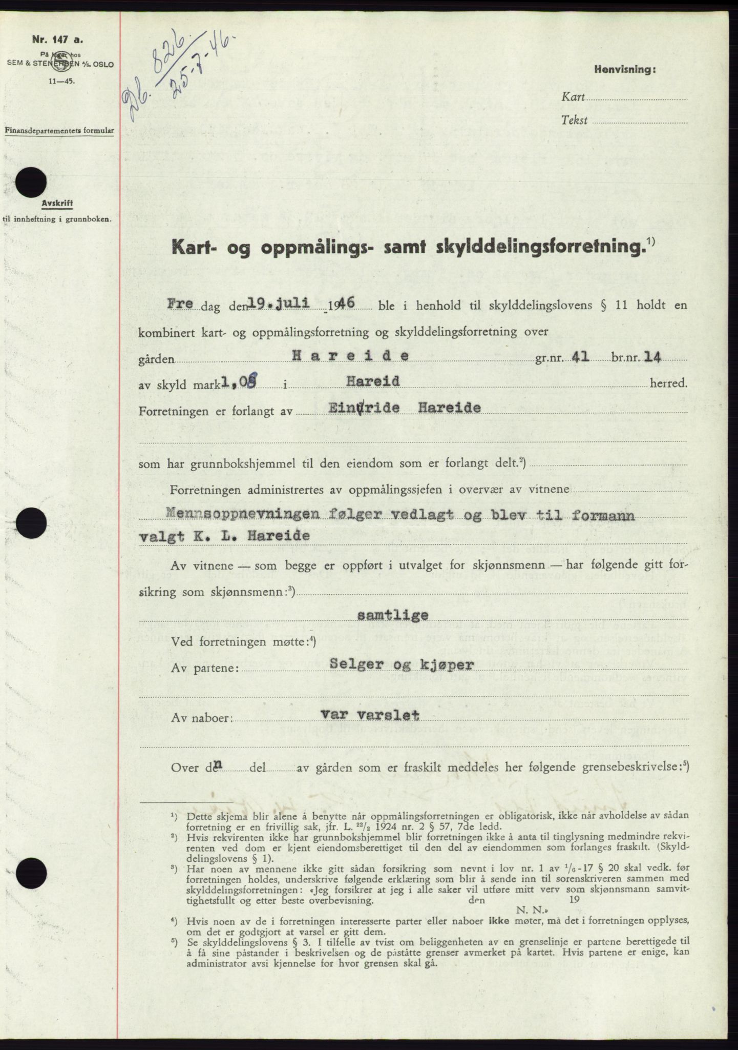 Søre Sunnmøre sorenskriveri, SAT/A-4122/1/2/2C/L0078: Pantebok nr. 4A, 1946-1946, Dagboknr: 826/1946