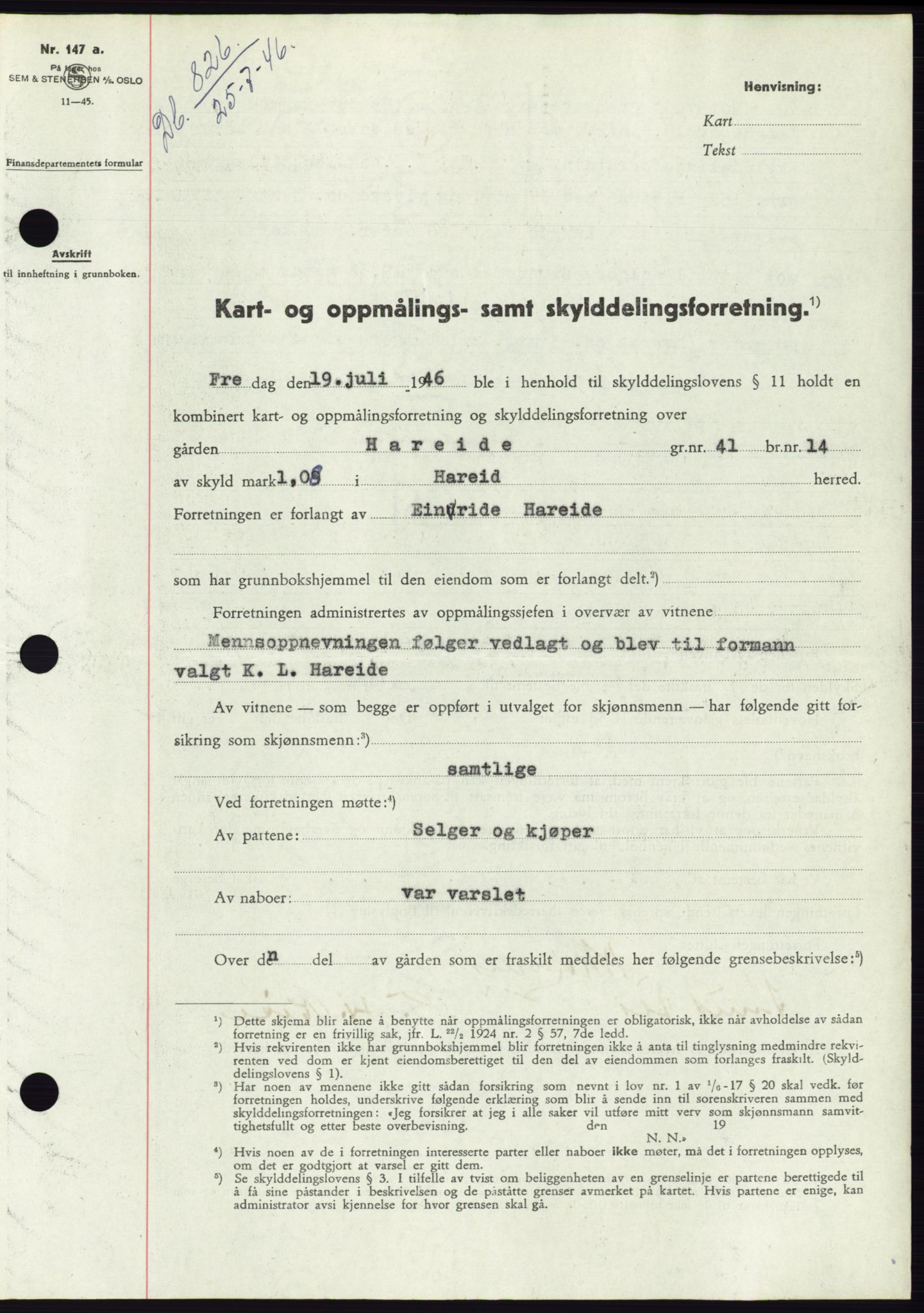 Søre Sunnmøre sorenskriveri, AV/SAT-A-4122/1/2/2C/L0078: Pantebok nr. 4A, 1946-1946, Dagboknr: 826/1946