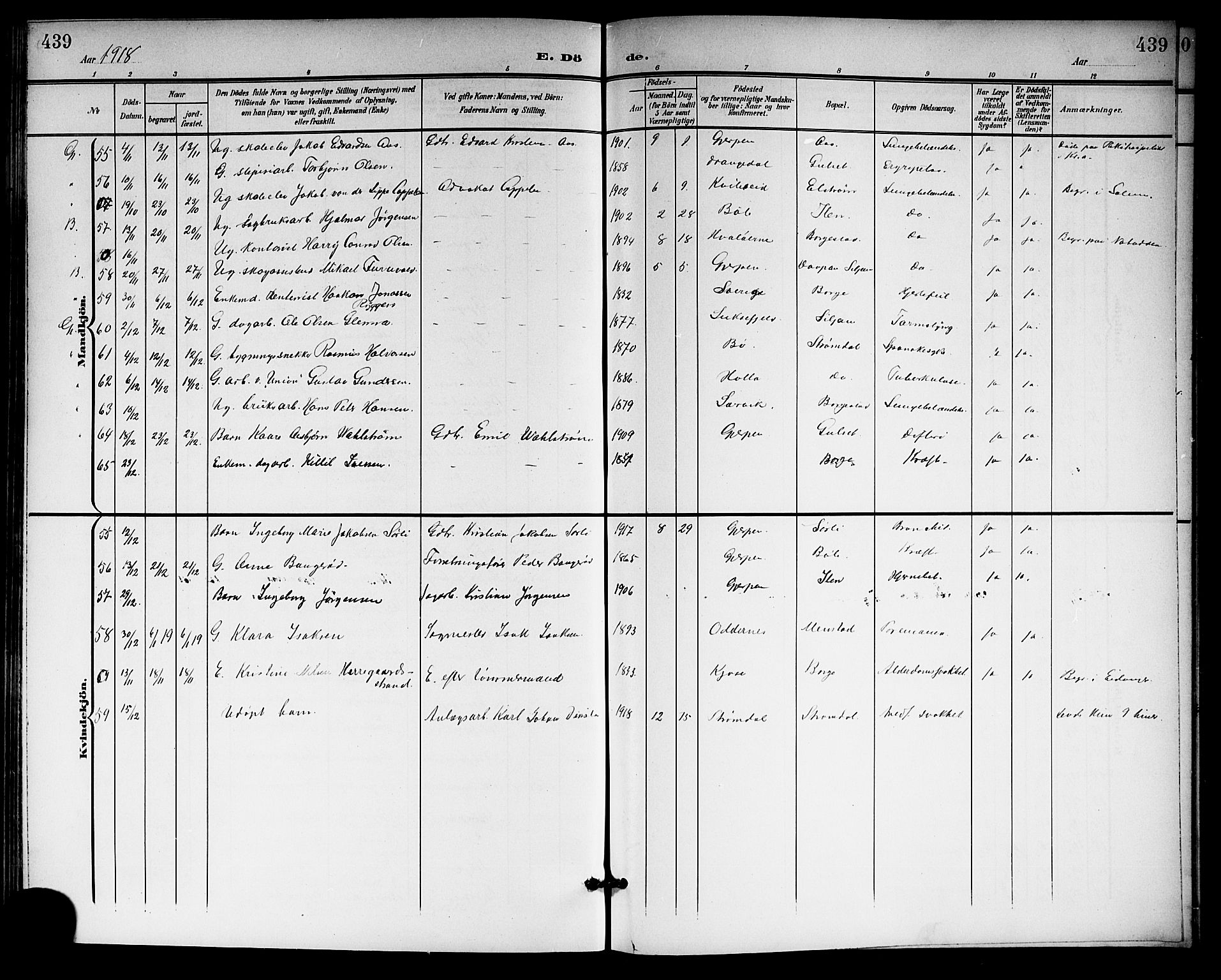 Gjerpen kirkebøker, AV/SAKO-A-265/G/Ga/L0003: Klokkerbok nr. I 3, 1901-1919, s. 439