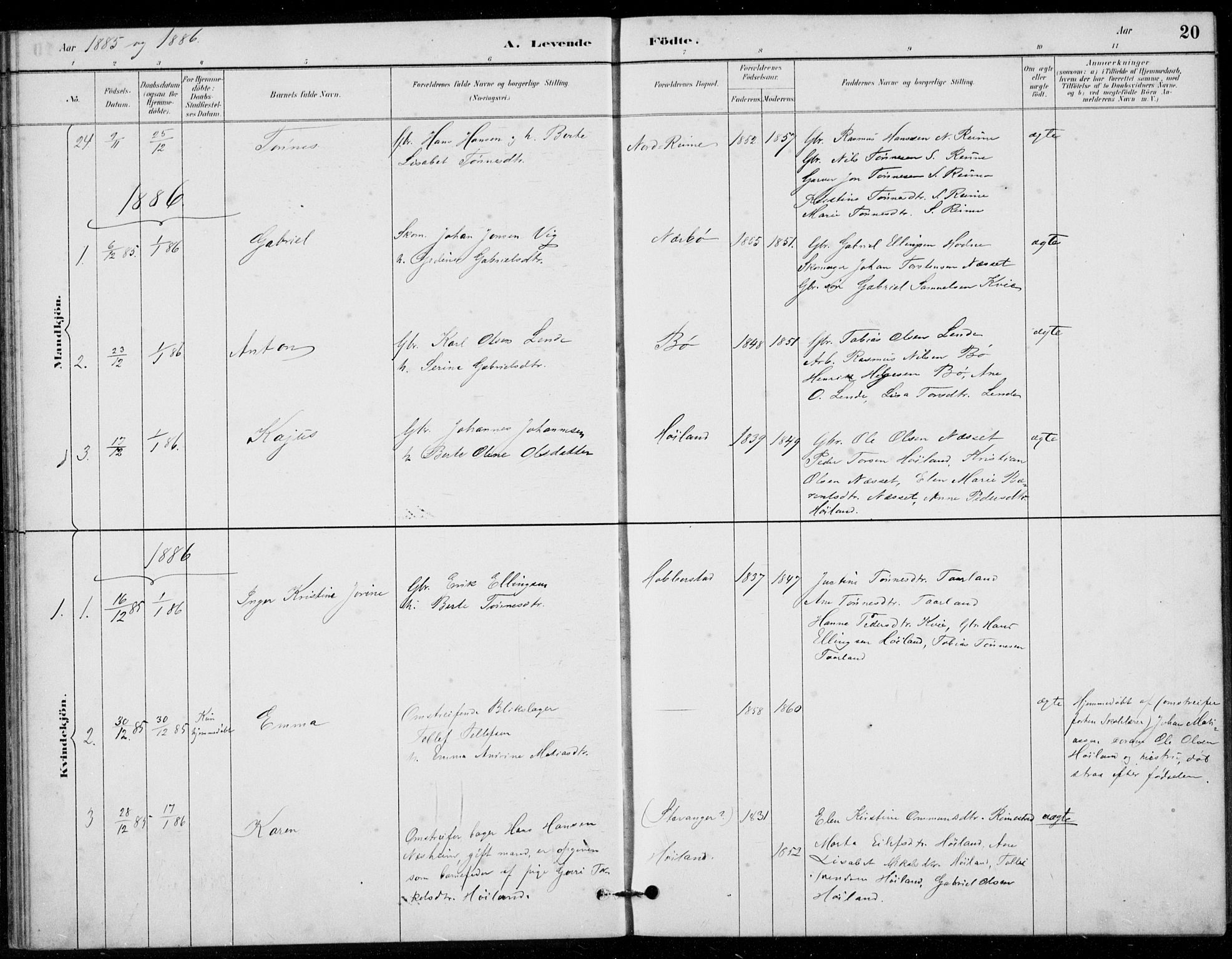 Hå sokneprestkontor, AV/SAST-A-101801/001/30BB/L0003: Klokkerbok nr. B 3, 1883-1894, s. 20