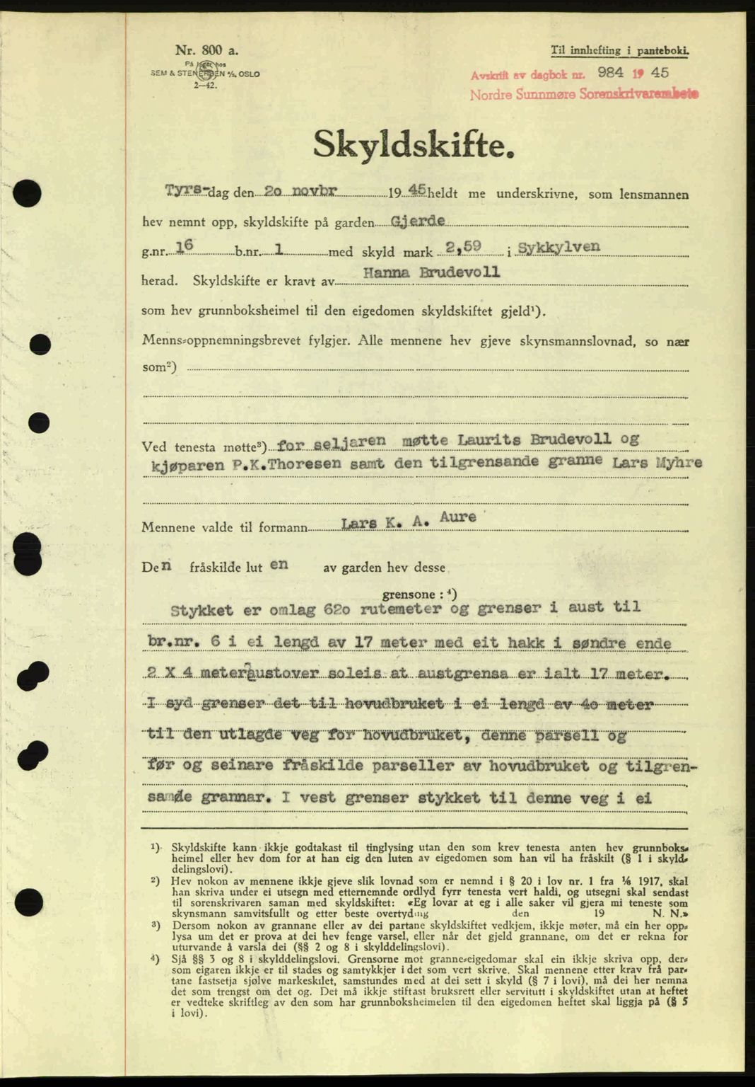 Nordre Sunnmøre sorenskriveri, AV/SAT-A-0006/1/2/2C/2Ca: Pantebok nr. A20a, 1945-1945, Dagboknr: 984/1945