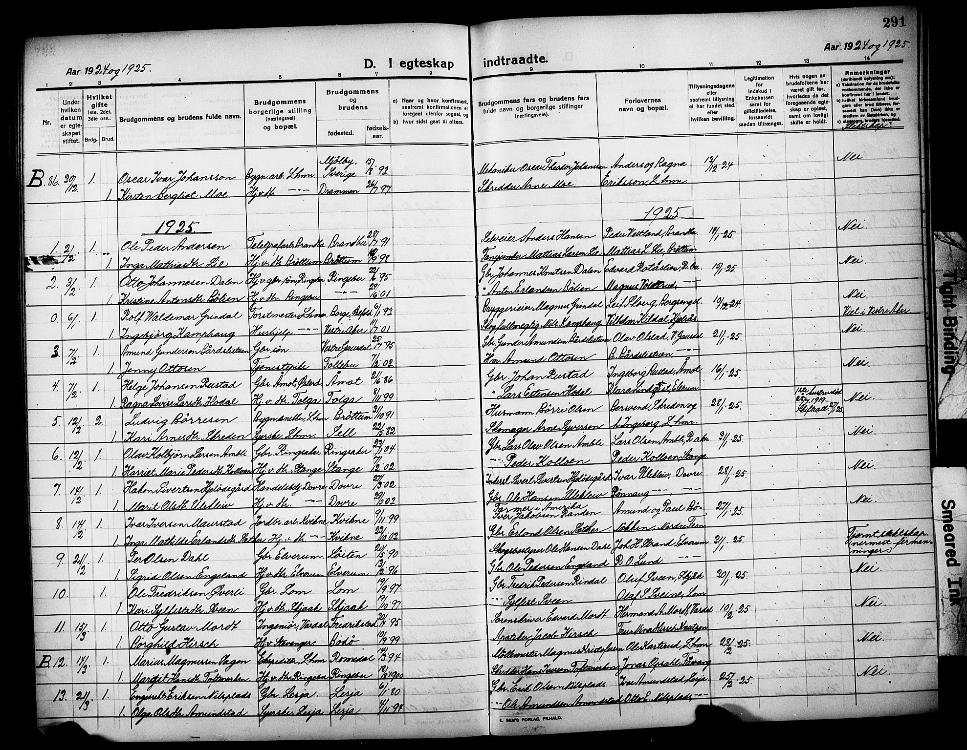 Lillehammer prestekontor, AV/SAH-PREST-088/H/Ha/Hab/L0002: Klokkerbok nr. 2, 1913-1929, s. 291