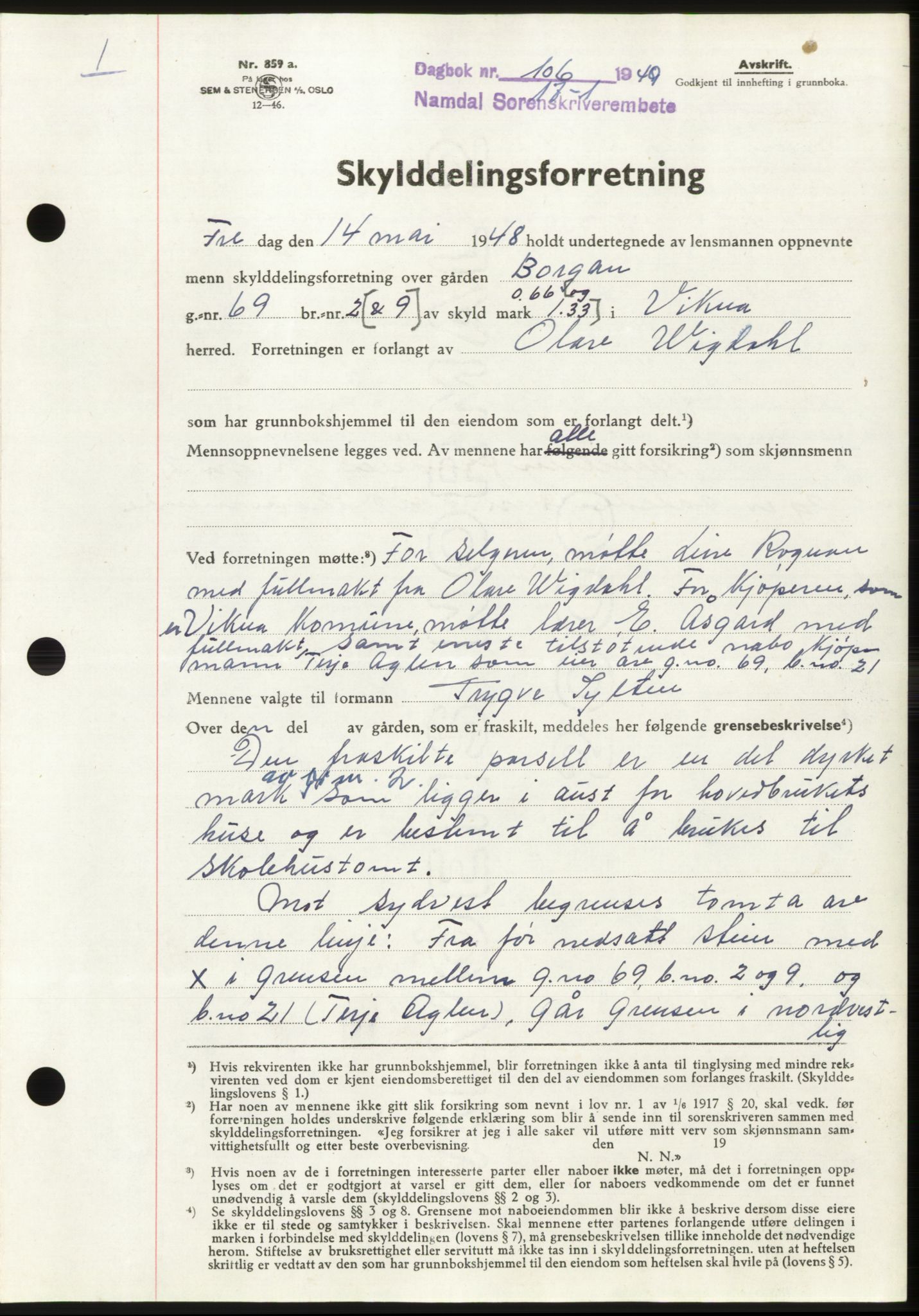 Namdal sorenskriveri, SAT/A-4133/1/2/2C: Pantebok nr. -, 1949-1949, Dagboknr: 106/1949