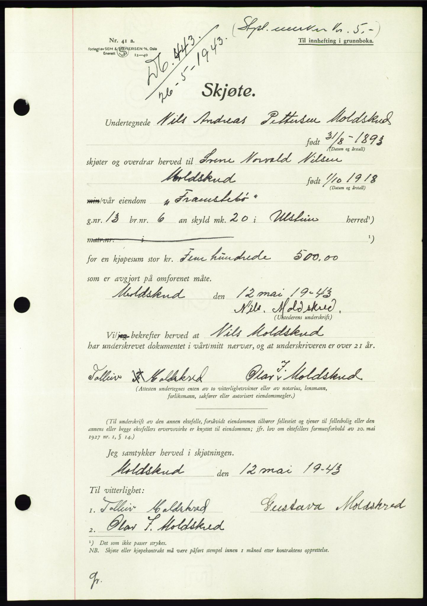 Søre Sunnmøre sorenskriveri, SAT/A-4122/1/2/2C/L0075: Pantebok nr. 1A, 1943-1943, Dagboknr: 443/1943