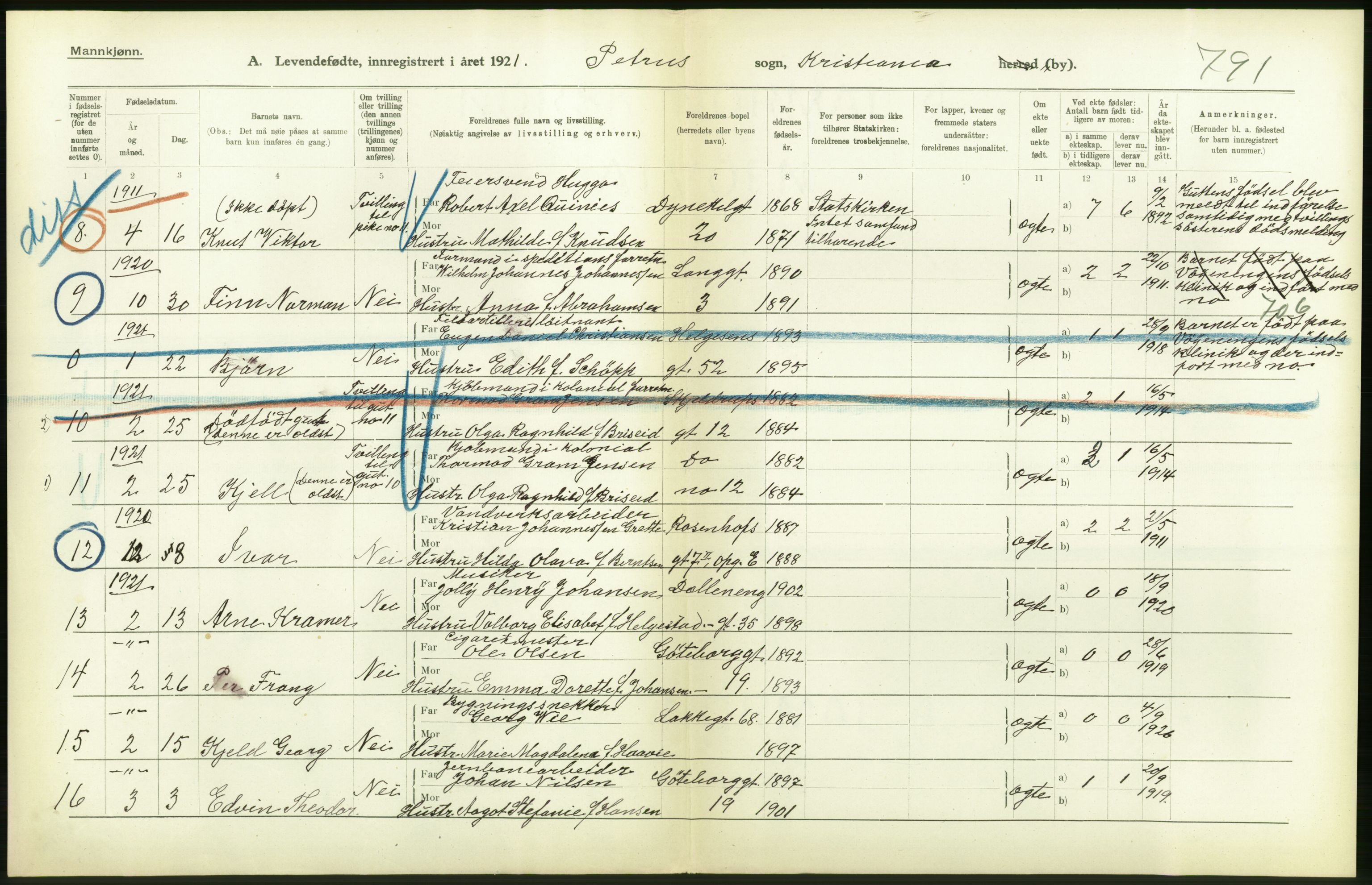 Statistisk sentralbyrå, Sosiodemografiske emner, Befolkning, AV/RA-S-2228/D/Df/Dfc/Dfca/L0008: Kristiania: Levendefødte menn og kvinner., 1921, s. 54