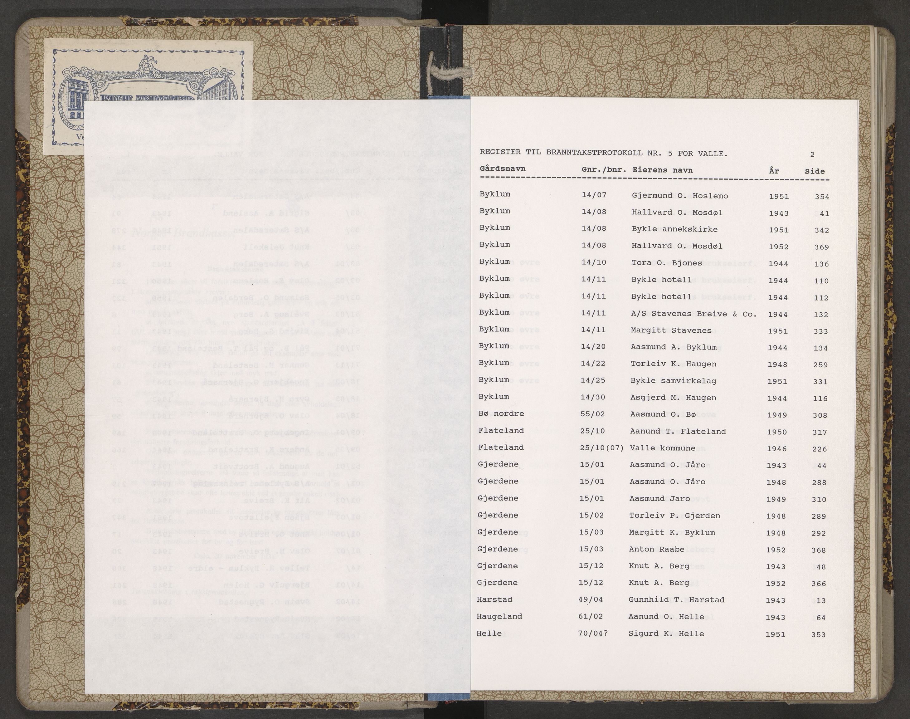 Norges Brannkasse Valle, SAK/2241-0052/F/Fa/L0005: Branntakstprotokoll nr. 5 med gårdsnavnregister, 1943-1952