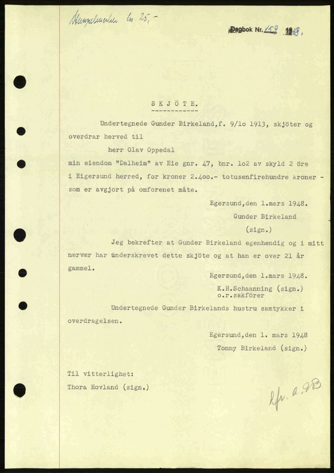 Dalane sorenskriveri, SAST/A-100309/02/G/Gb/L0051: Pantebok nr. A11, 1947-1948, Dagboknr: 159/1948