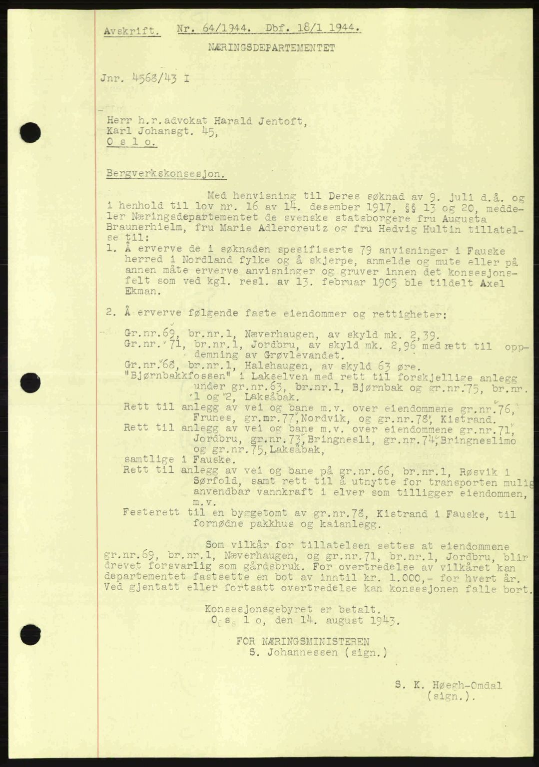 Salten sorenskriveri, SAT/A-4578/1/2/2C: Pantebok nr. A14-15, 1943-1945, Dagboknr: 64/1944
