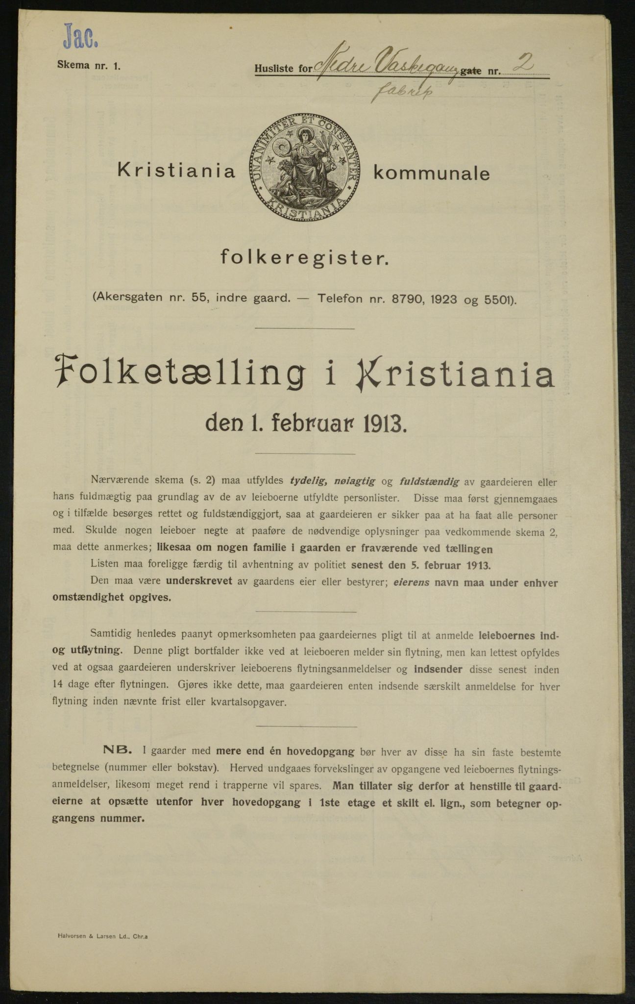 OBA, Kommunal folketelling 1.2.1913 for Kristiania, 1913, s. 69497