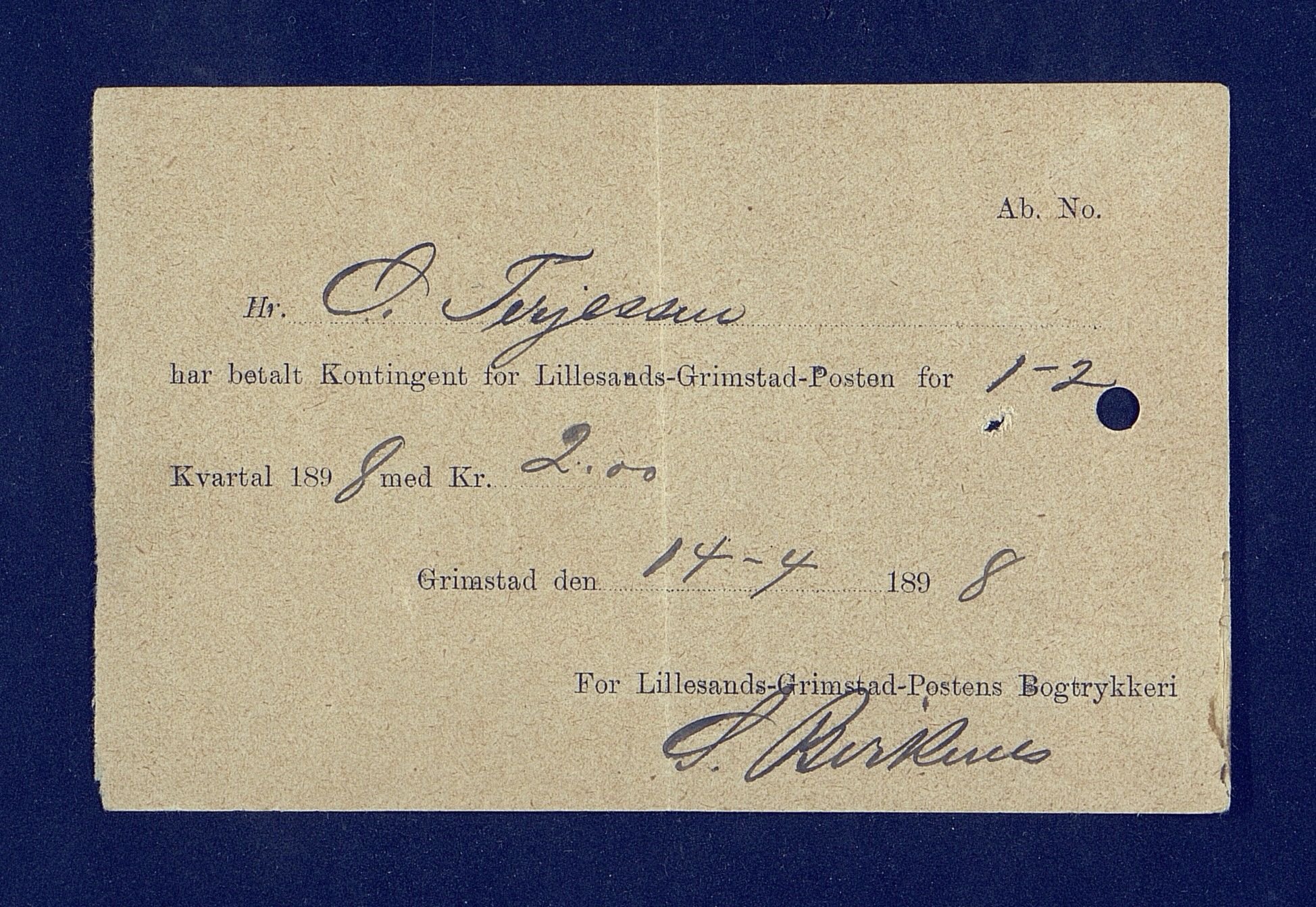 O. Terjesens rederi, AAKS/PA-2525/R/R02/L0001: Regnskapsbilag, 1884-1898