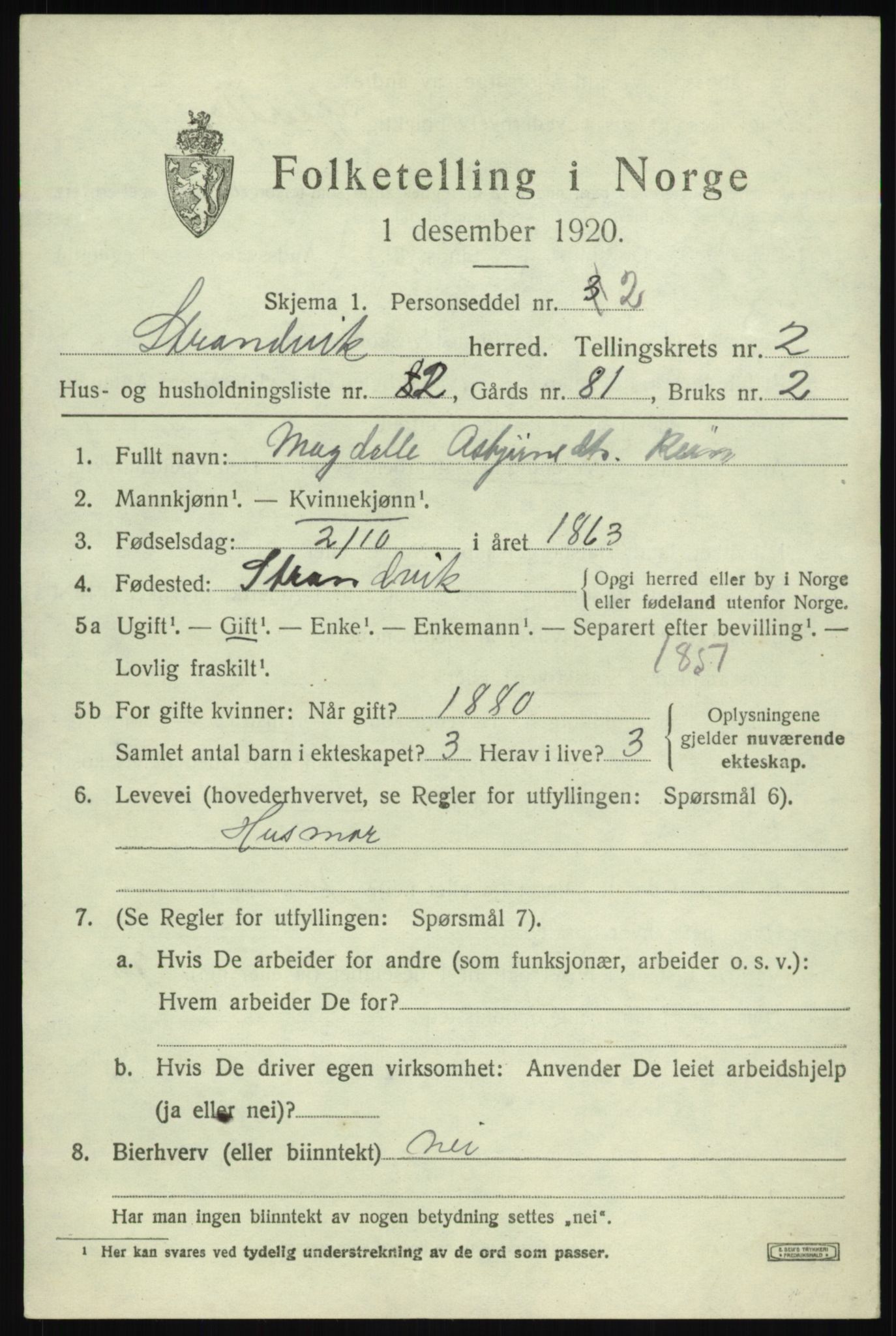 SAB, Folketelling 1920 for 1240 Strandvik herred, 1920, s. 1244