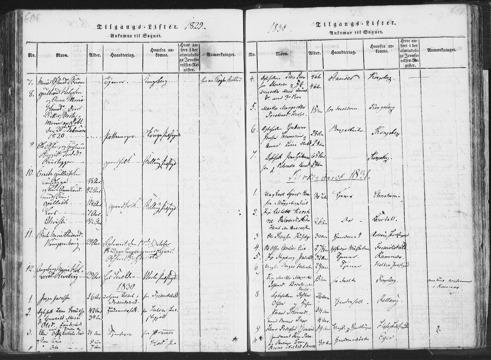 Sandsvær kirkebøker, SAKO/A-244/F/Fa/L0004: Ministerialbok nr. I 4, 1817-1839, s. 606-607