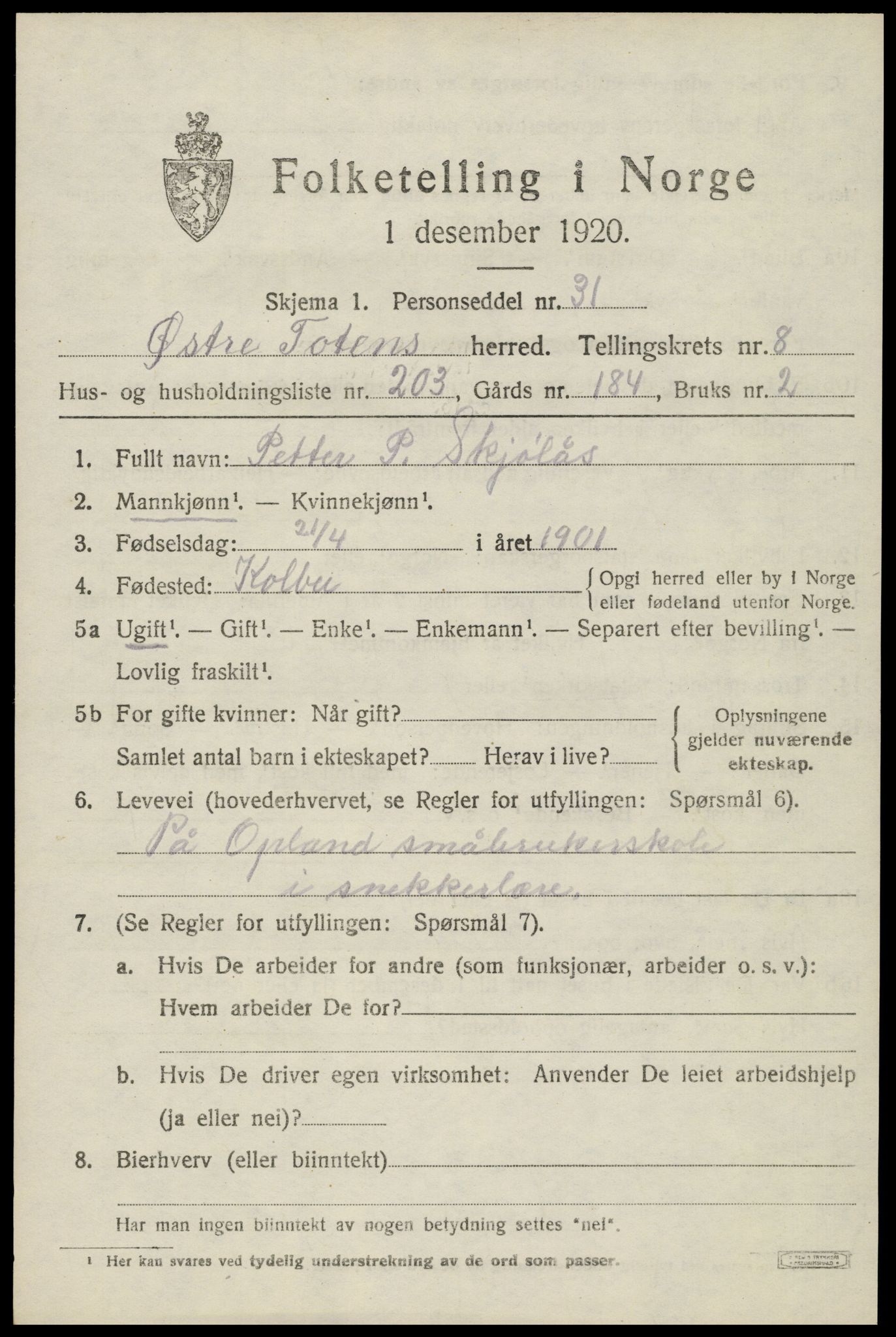 SAH, Folketelling 1920 for 0528 Østre Toten herred, 1920, s. 17958