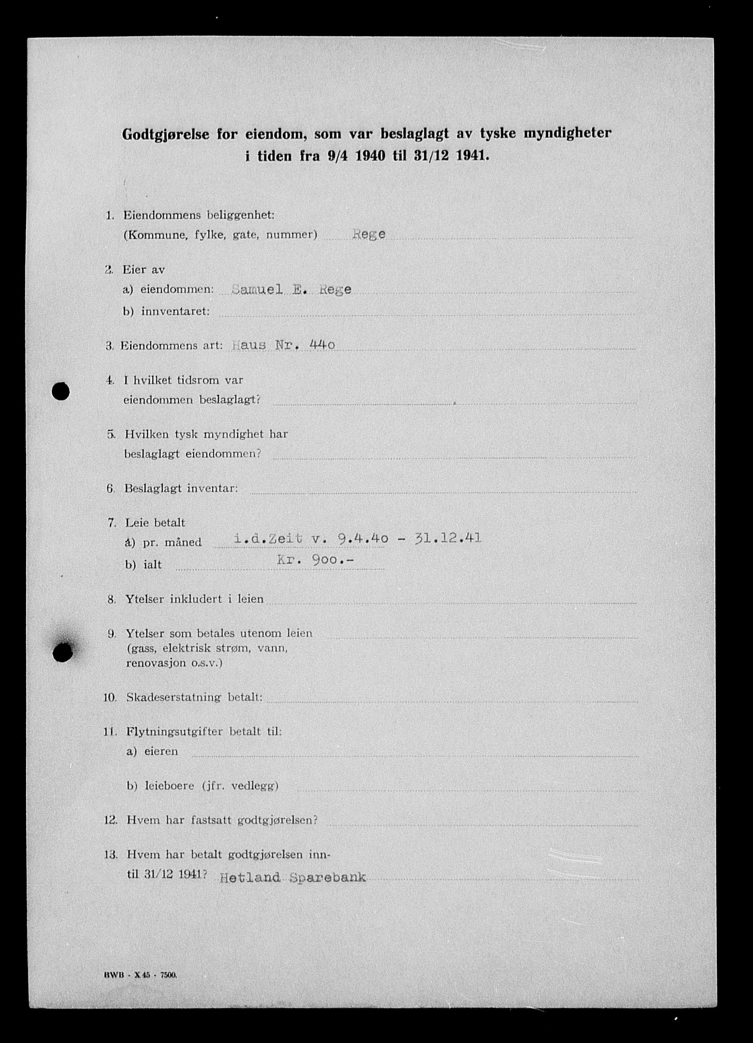 Justisdepartementet, Tilbakeføringskontoret for inndratte formuer, AV/RA-S-1564/I/L1015: Godtgjørelse for beslaglagt eiendom, 1940-1941, s. 93