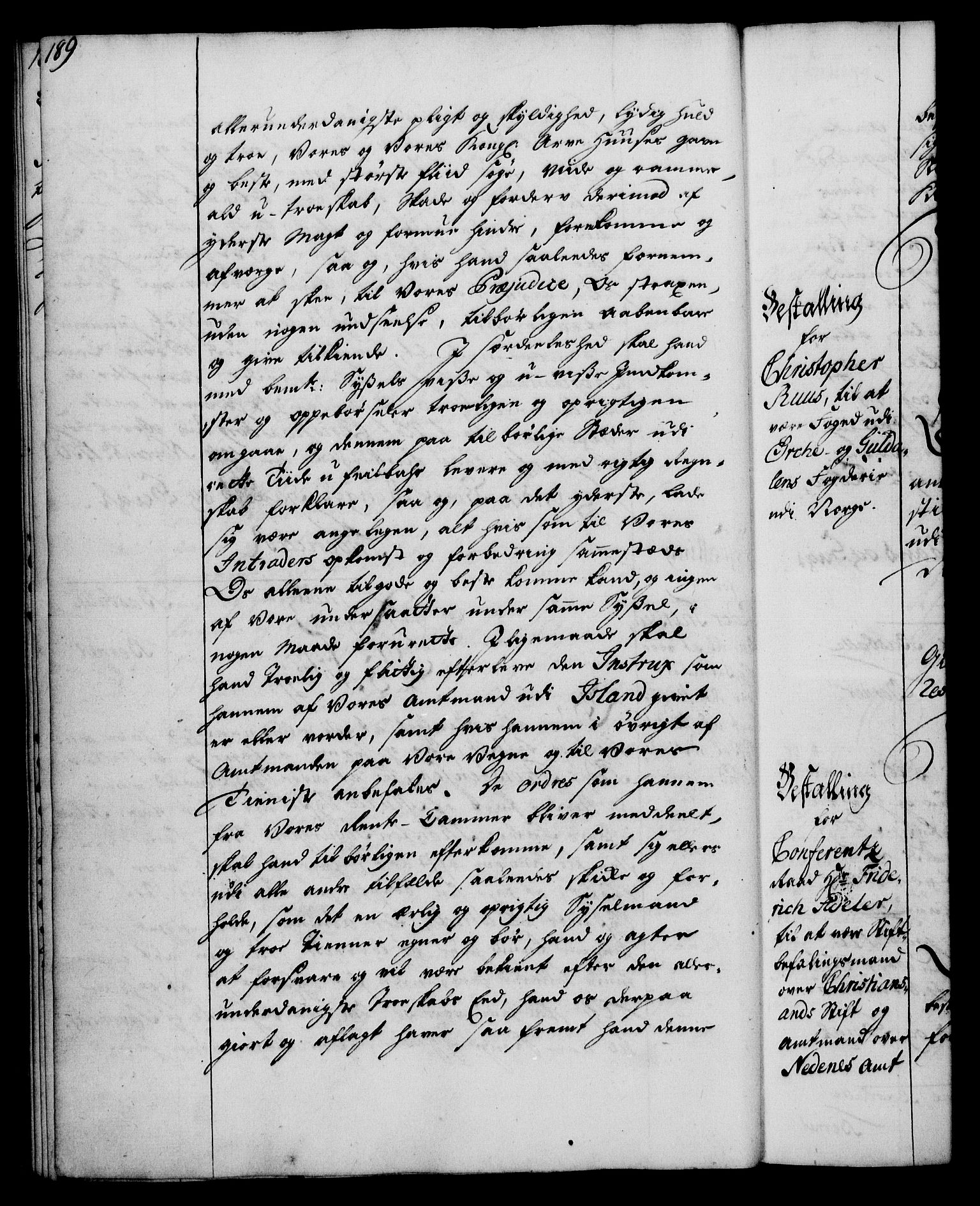 Rentekammeret, Kammerkanselliet, AV/RA-EA-3111/G/Gg/Gge/L0003: Norsk bestallingsprotokoll med register (merket RK 53.27), 1745-1761, s. 189