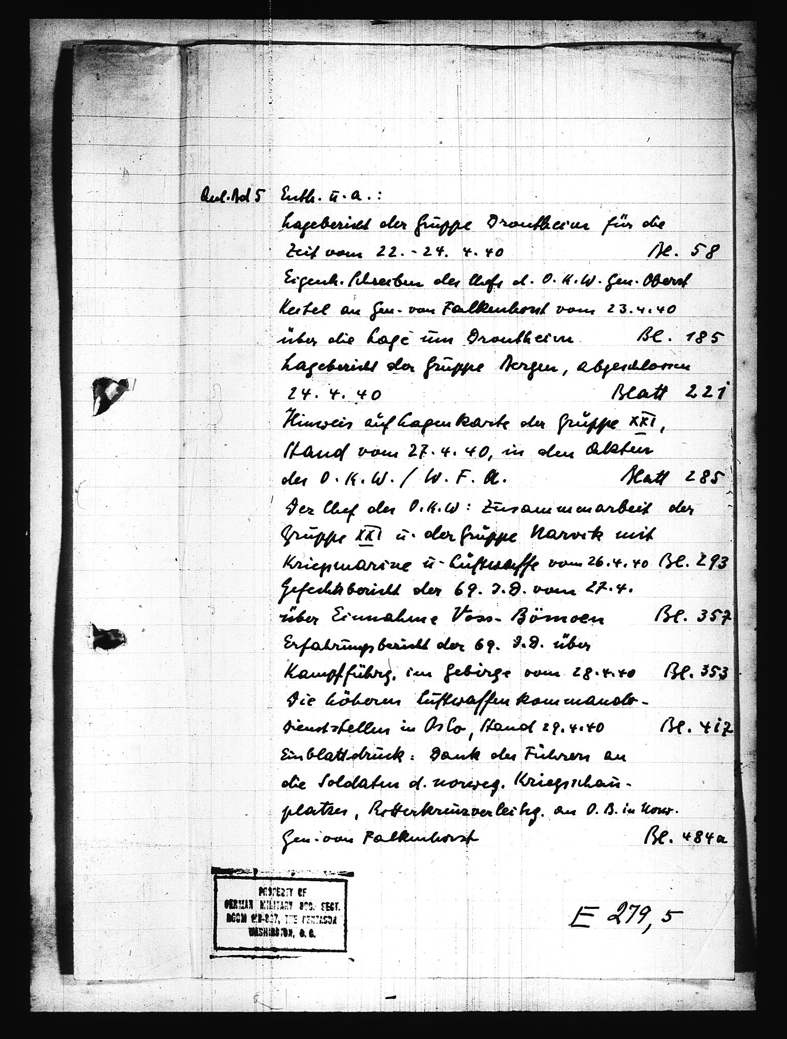 Documents Section, RA/RAFA-2200/V/L0076: Amerikansk mikrofilm "Captured German Documents".
Box No. 715.  FKA jnr. 619/1954., 1940, s. 659
