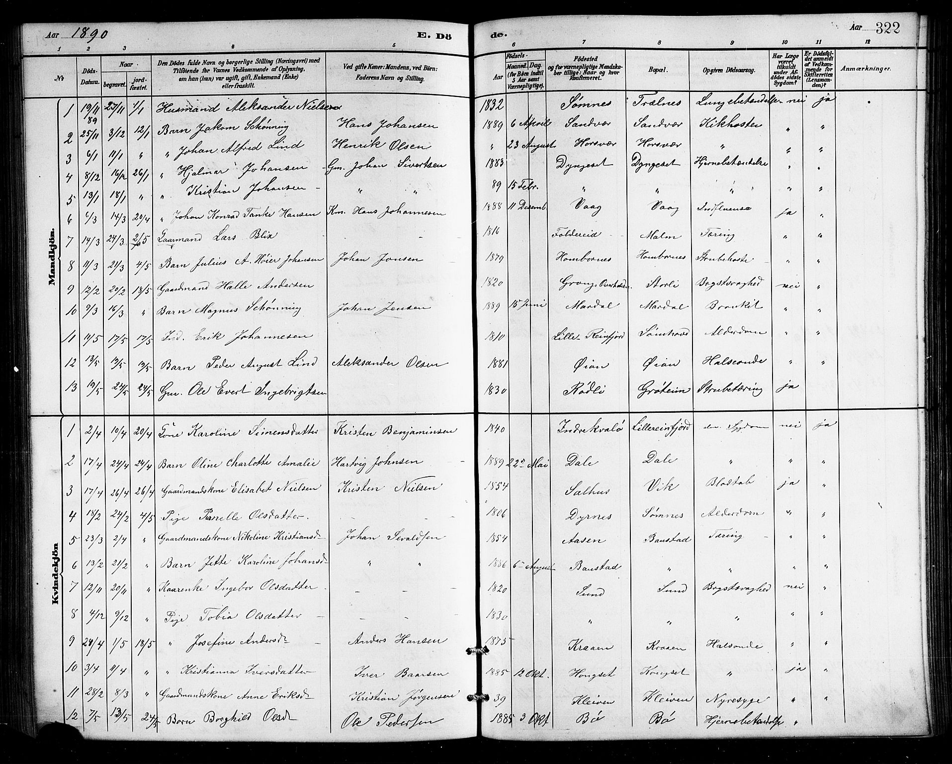 Ministerialprotokoller, klokkerbøker og fødselsregistre - Nordland, AV/SAT-A-1459/812/L0188: Klokkerbok nr. 812C06, 1884-1912, s. 322