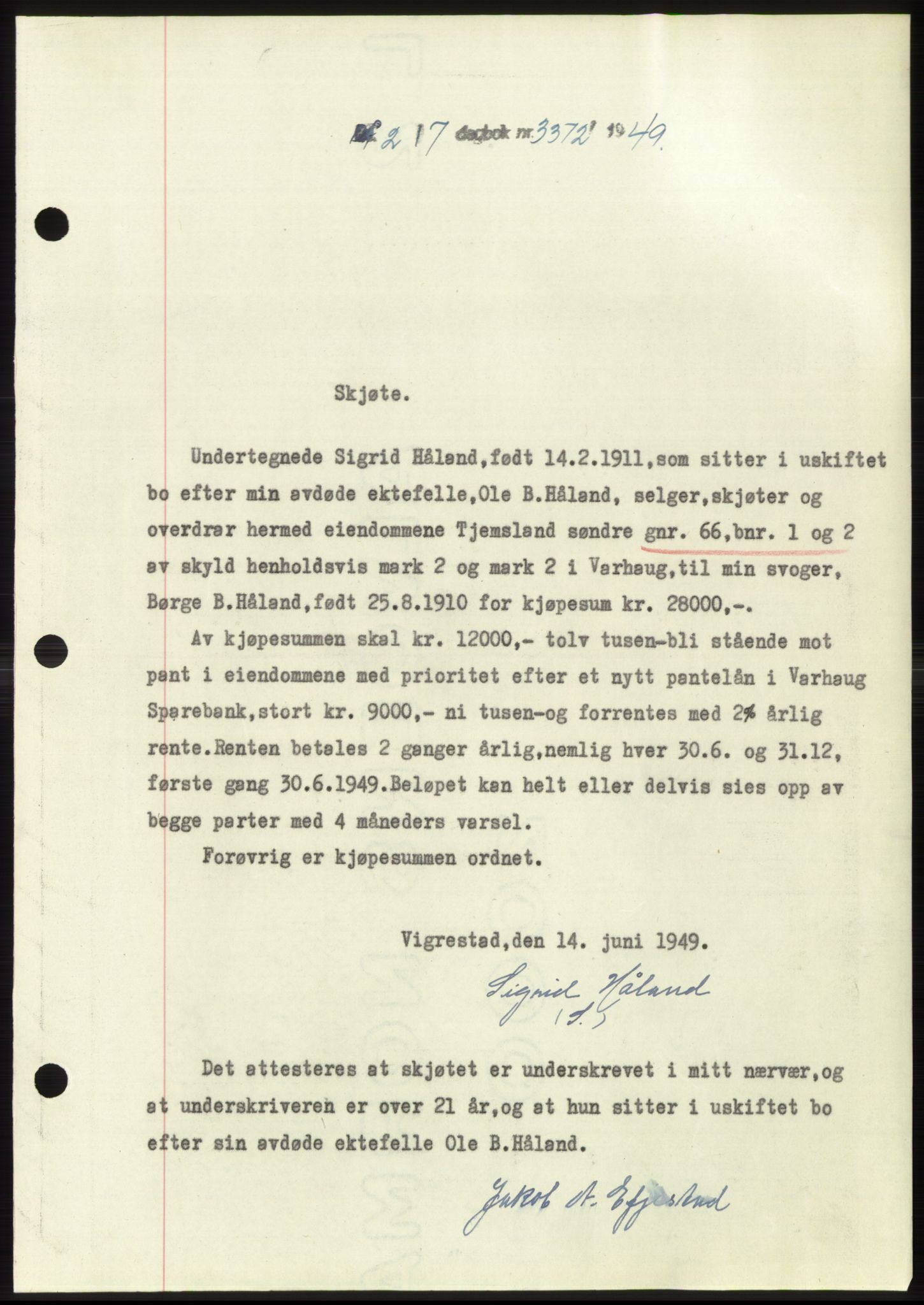 Jæren sorenskriveri, SAST/A-100310/03/G/Gba/L0103: Pantebok, 1949-1949, Dagboknr: 3372/1949
