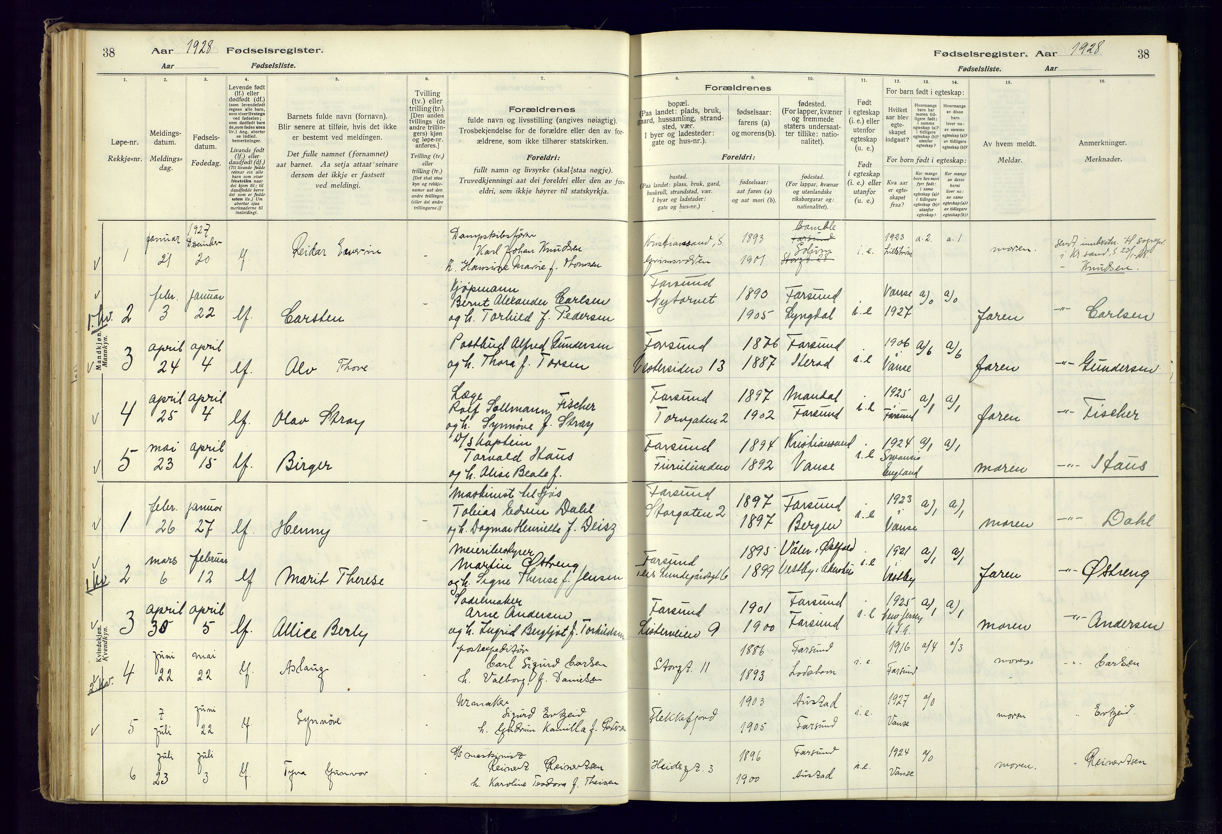 Farsund sokneprestkontor, AV/SAK-1111-0009/J/Ja/L0001: Fødselsregister nr. A-VI-8, 1916-1950, s. 38