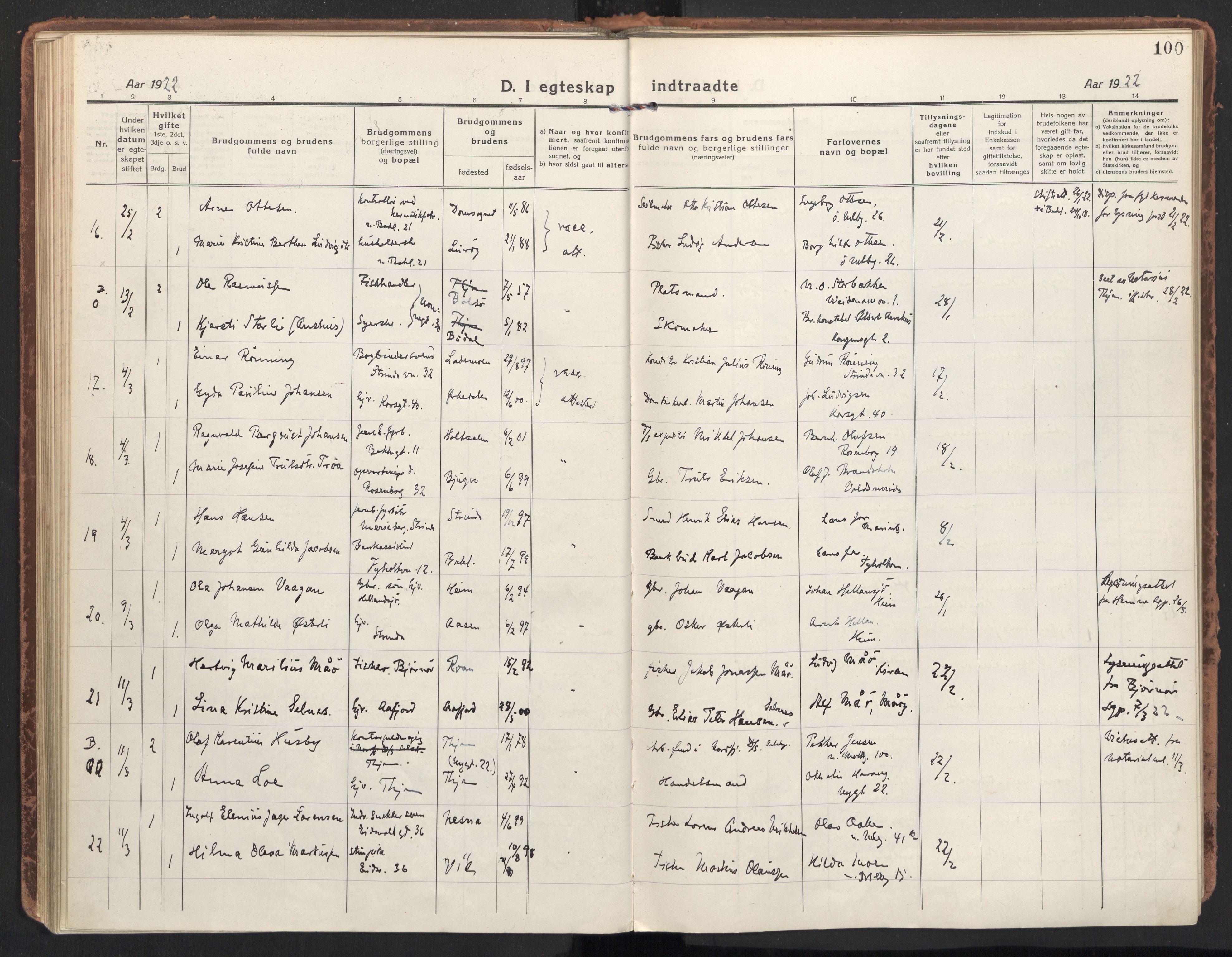 Ministerialprotokoller, klokkerbøker og fødselsregistre - Sør-Trøndelag, SAT/A-1456/604/L0206: Ministerialbok nr. 604A26, 1917-1931, s. 100