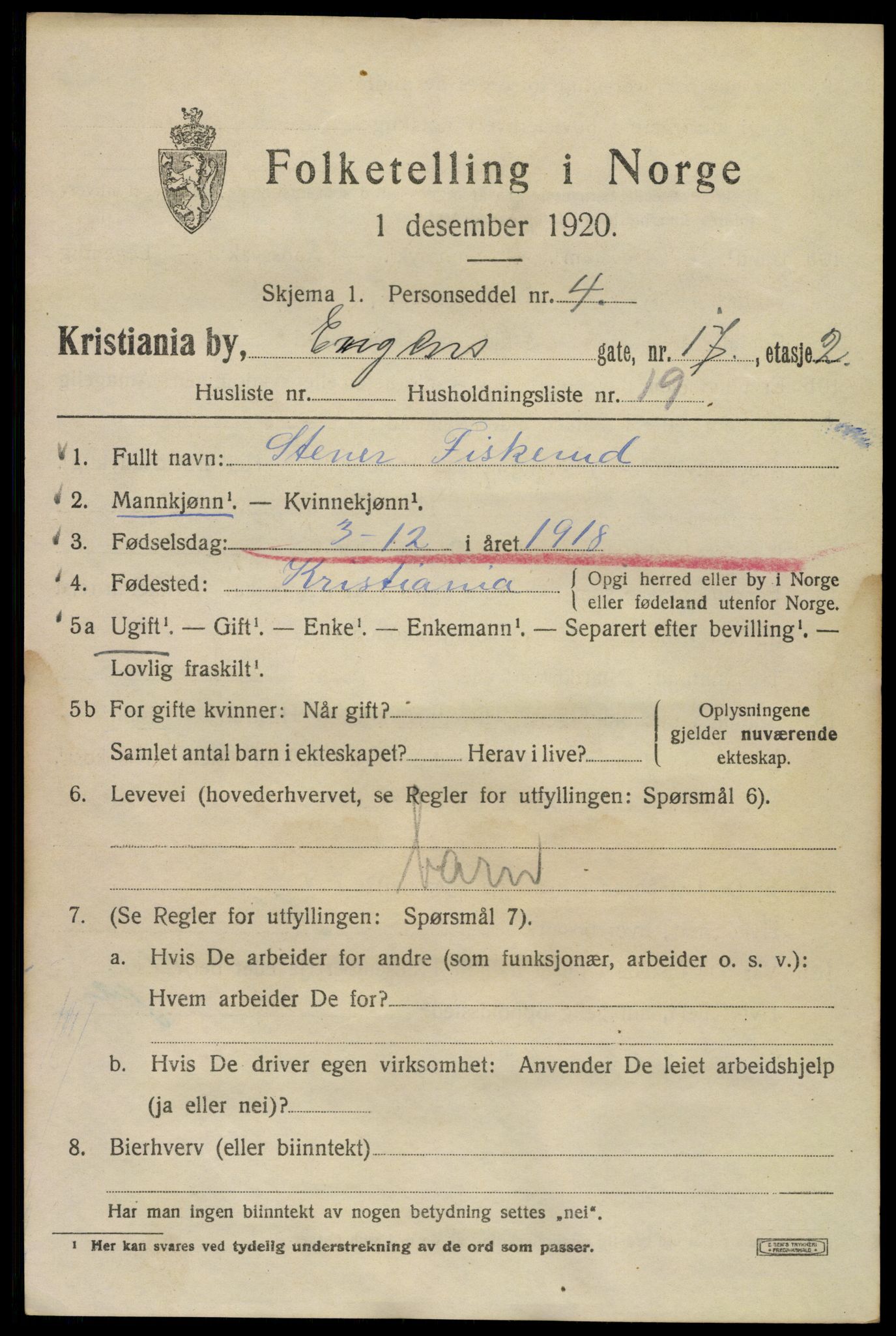 SAO, Folketelling 1920 for 0301 Kristiania kjøpstad, 1920, s. 219041